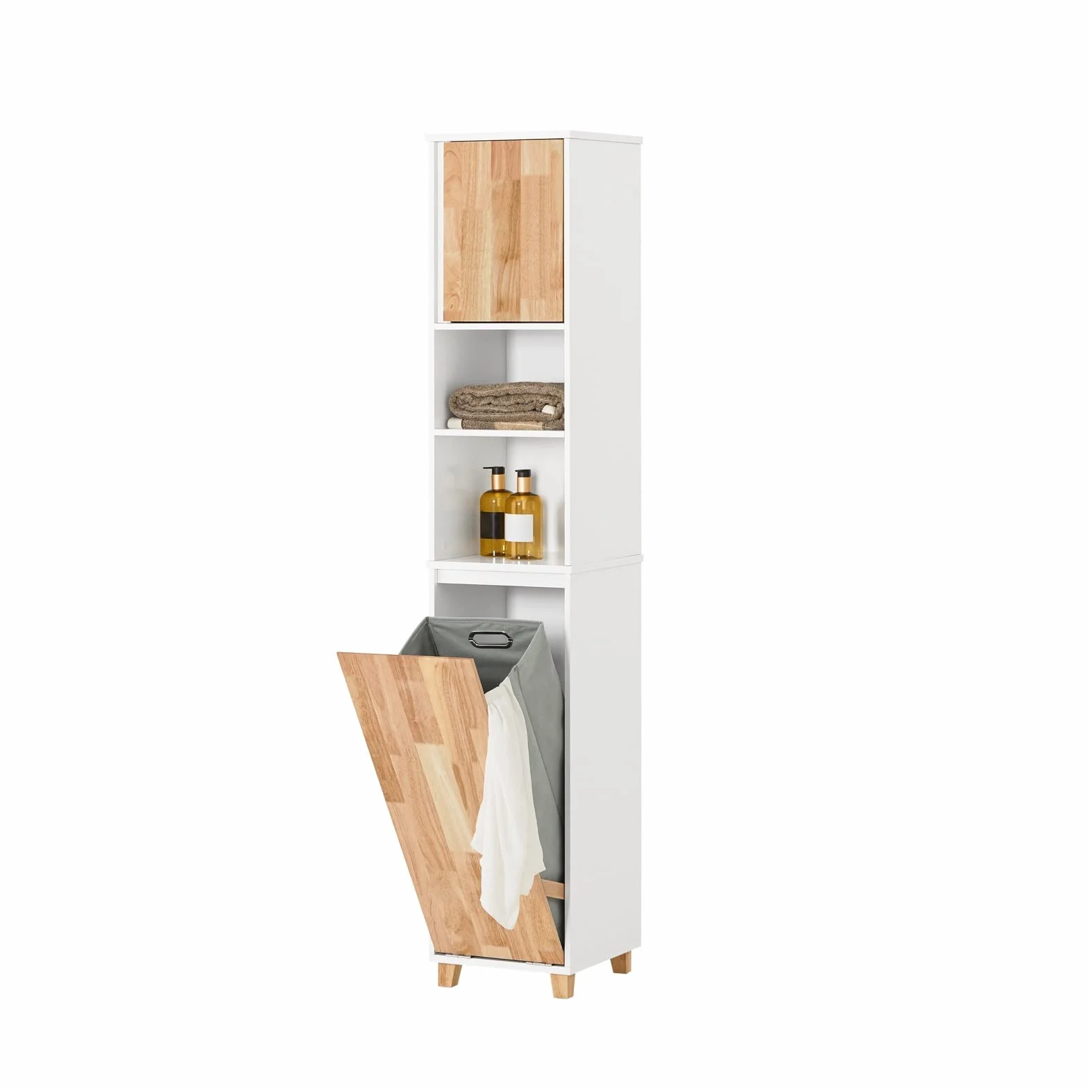SoBuy Mueble Baño - Armario Baño Alto Cesta Plegable para Ropa Sucia, Mueble Columna Estrecho de Madera Resistente a la Humedad, Blanco, 31x170x32 cm, BZR74-W