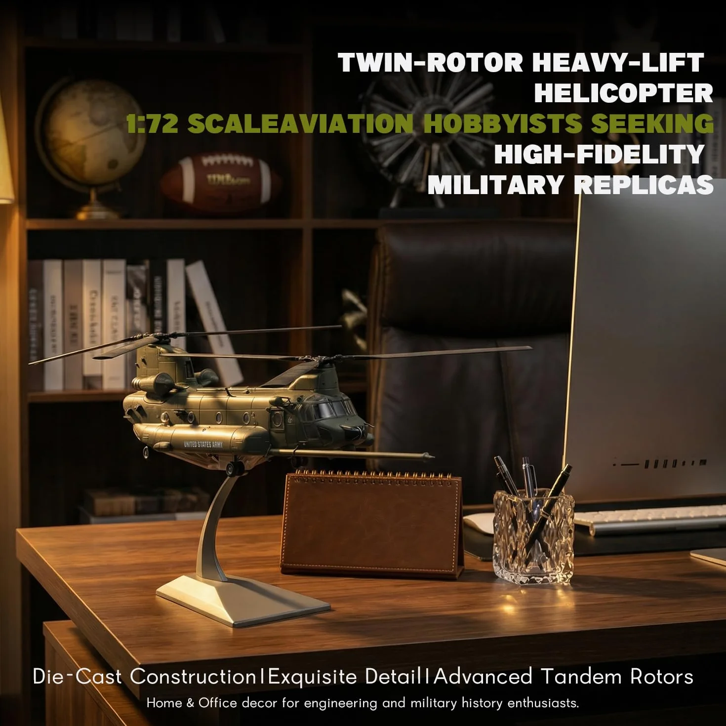 NUOTIE 1/72 MH-47G Chinook - Modelo de helicóptero de elevación pesada, avión militar de metal fundido a presión con rotores desmontables y soporte de exhibición de 15.6 pulgadas, gran escala