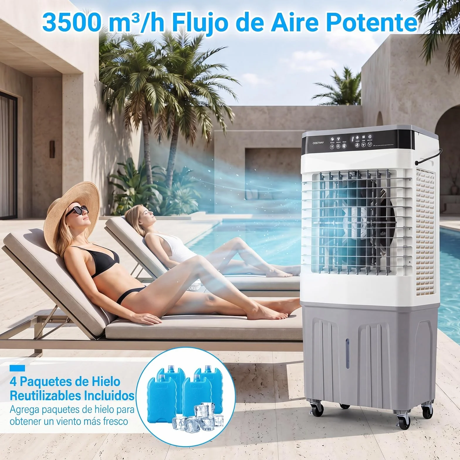 COSTWAY 3 en 1 Climatizador Evaporativo, Enfriador de Aire Portatil con 3 Velocidades, 2 Modos, 12H Temporizador, Ventilador con Ruedas, Oscilación de 70º/90° y Cubetas de Hielo (49 x 31 x 109 cm)