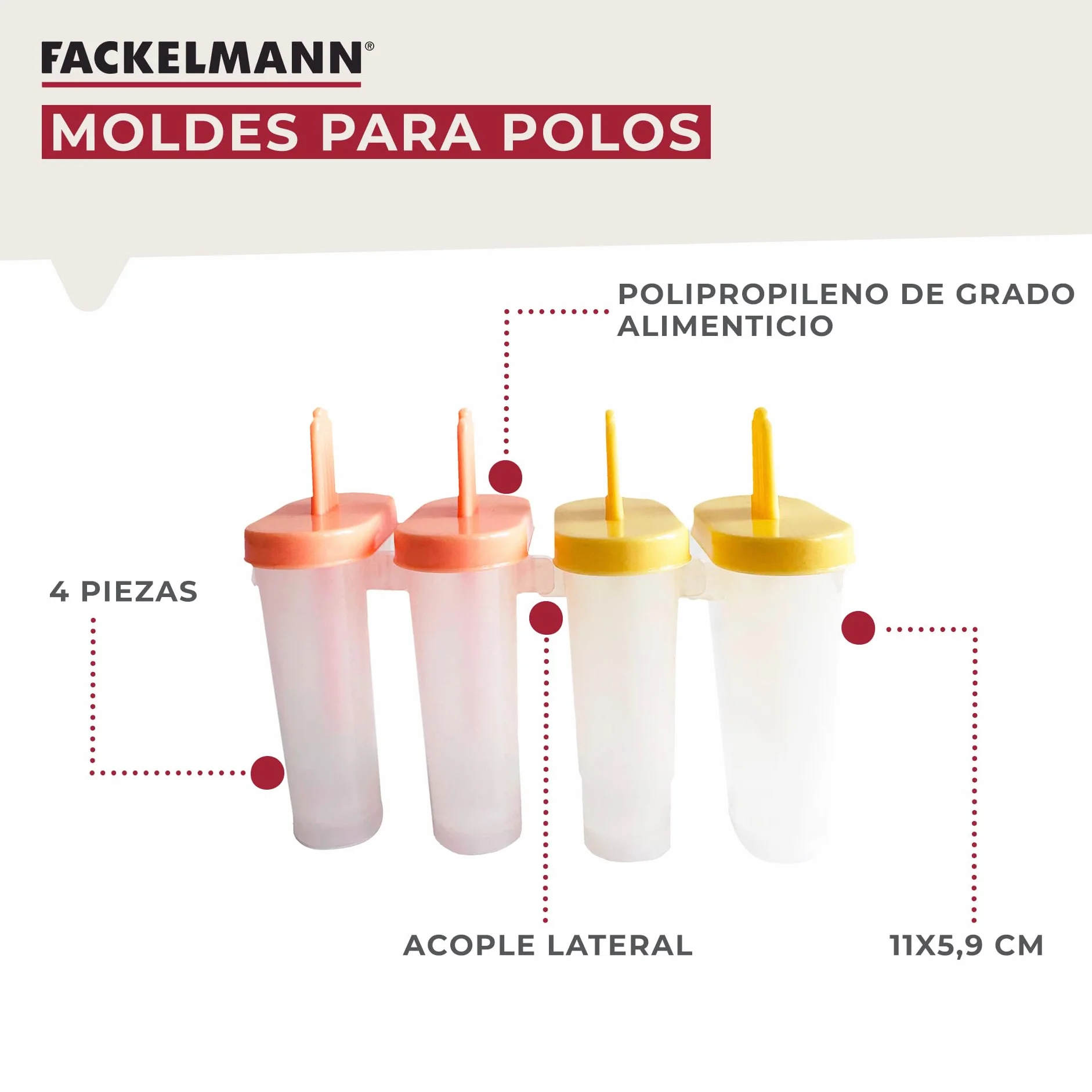 Fackelmann Poleros Moldes para Helados, Polipropileno de Grado Alimenticio, 4 uds, 15x6x11 cm, Amarillo y Naranja Pastel