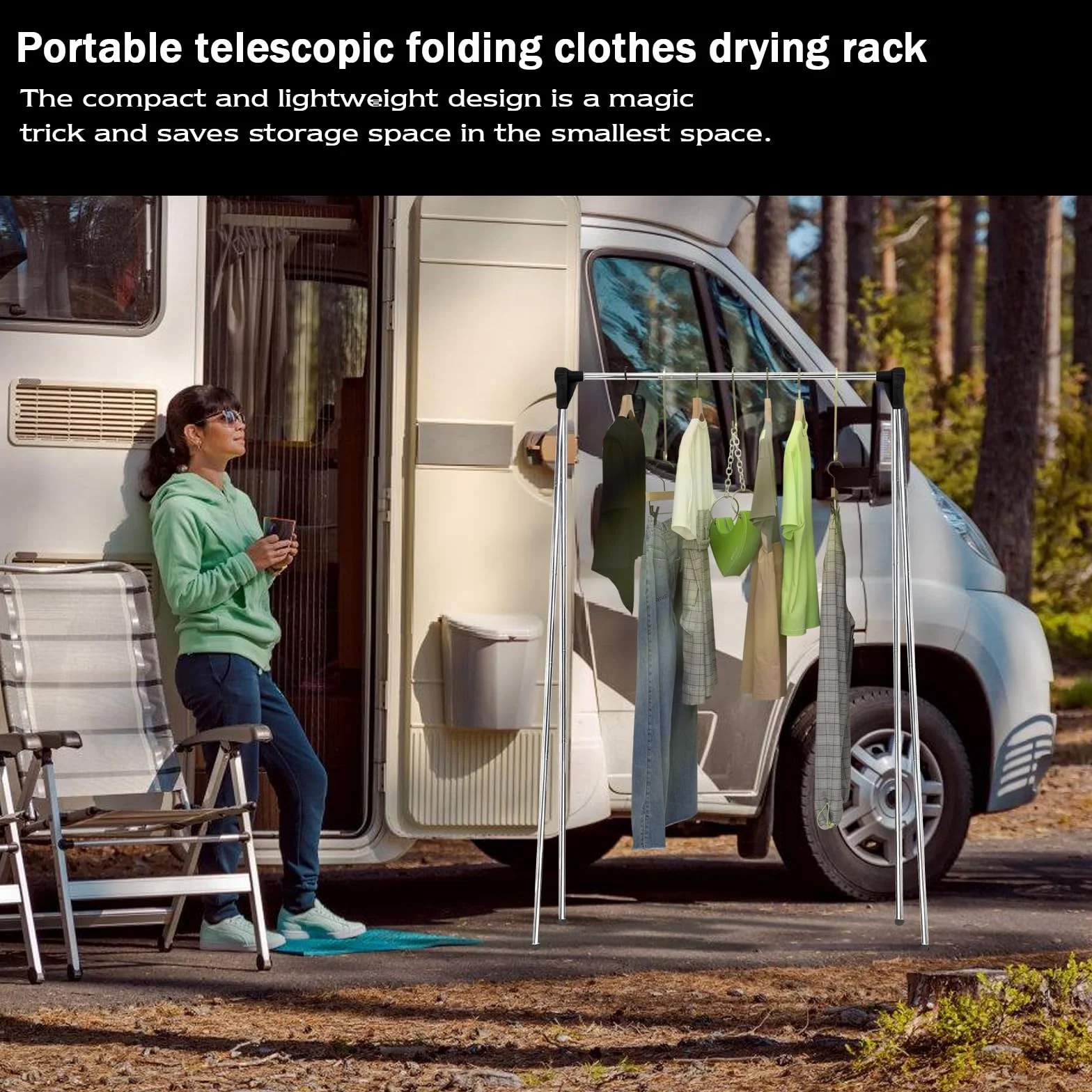 Perchero plegable portátil: Perchero de viaje ajustable de acero inoxidable, secador telescópico de 32-73 cm para viajes, camping, senderismo, ropa en casa, color negro