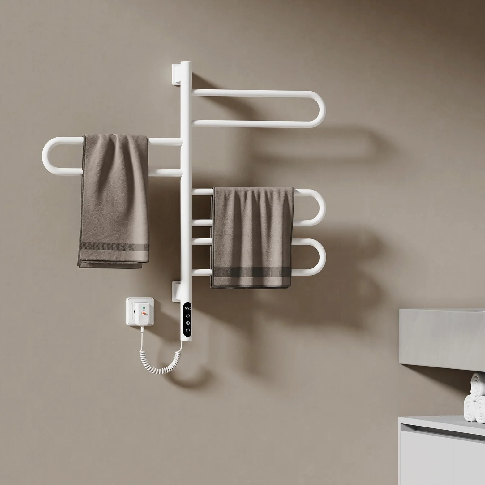 EMKE Radiador de Toallas Eléctrico 78 x 43 cm, Termostato Inteligente WiFi, Radiador Eléctrico para Baño, Calentador de Toallas Eléctrico, Blanco, 170W