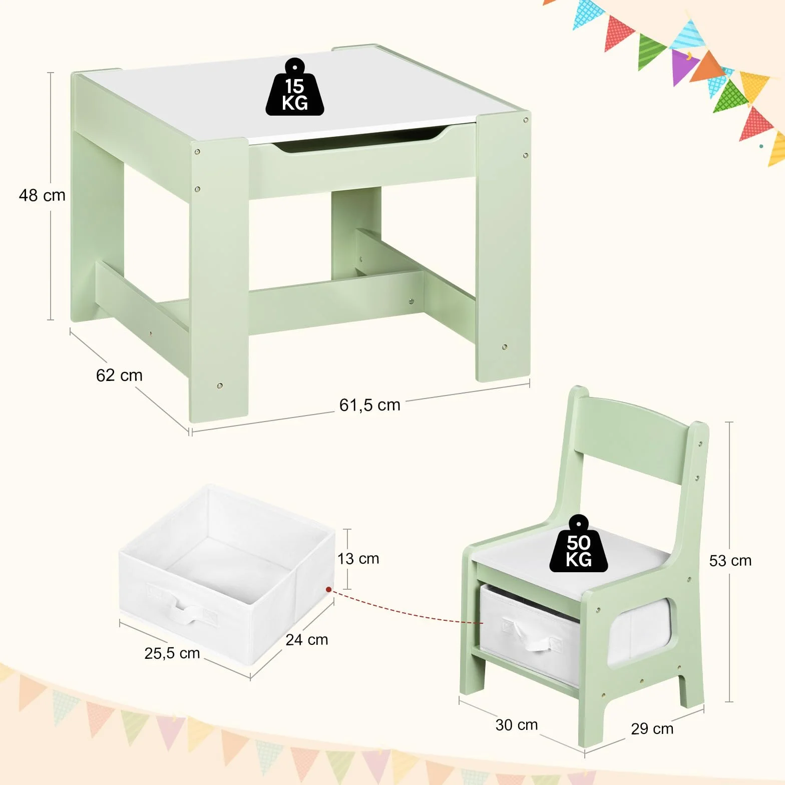 Mesa Infantil con 2 Sillas WOLTU, Mesa y Silla Niños con Almacenaje, Tablero Reversible, Madera, Verde + Blanco