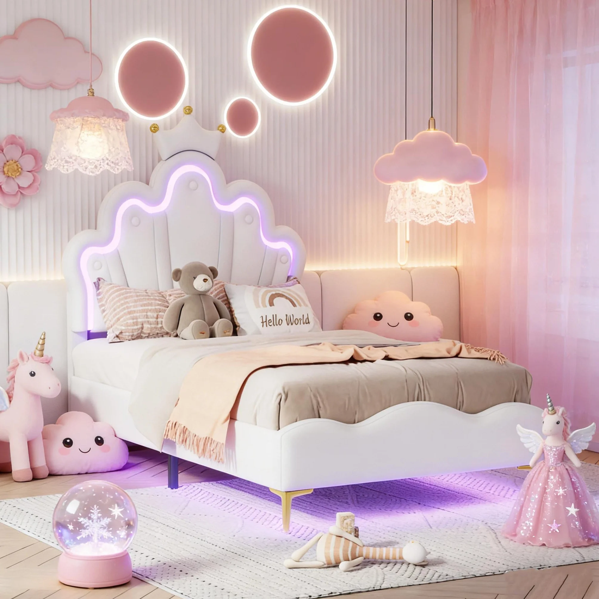 BRILVERDE Cama de Niña 90x200 con LED, Cama Princesa con cabecera coronada, Marco con somier de láminas, para niñas, para niños y adolescentes, PU (blanco, 90x200 cm)