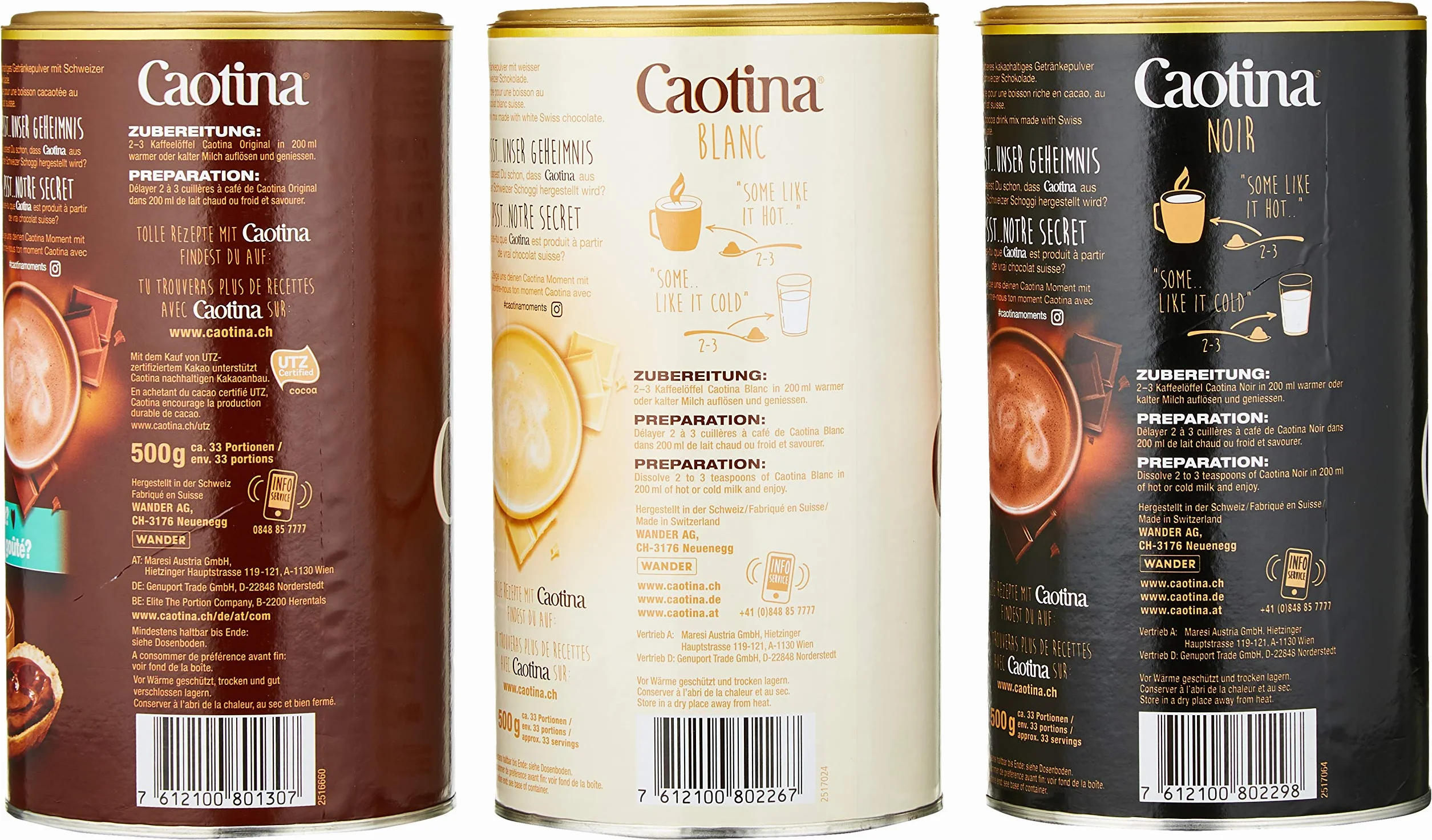 Caotina Set Triple, Cacao en Polvo de Chocolate Suizo, Chocolate Caliente, 3 x 500 g
