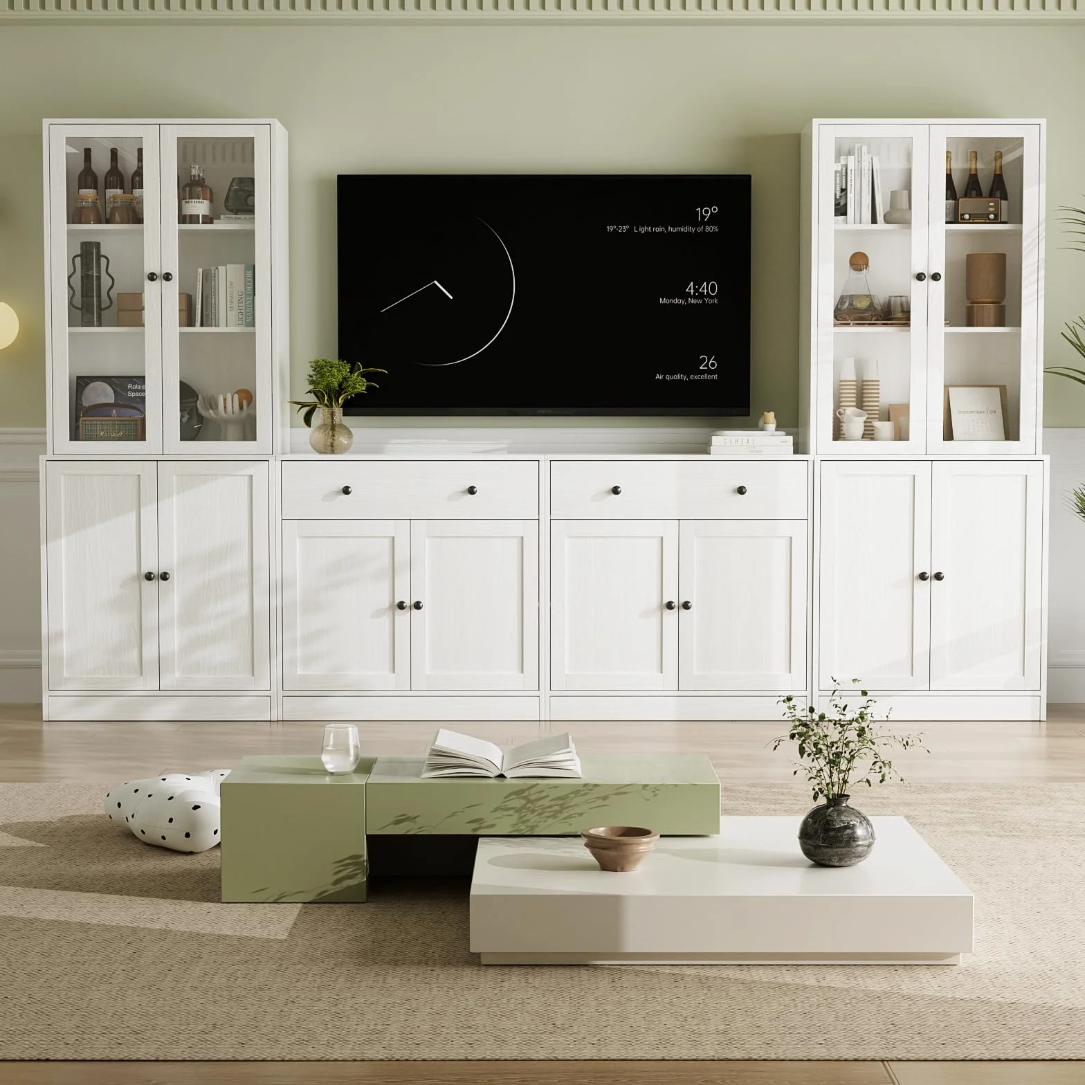 VOWNER Grande Mueble de TV para Televisores de hasta 70 Pulgadas, 280 x 180,3 x 40 cm, Mesa de TV, Módulo TV, Mueble de Salón Moderno con Cajones y Puertas de Cristal, 2A+2D (Blanco)