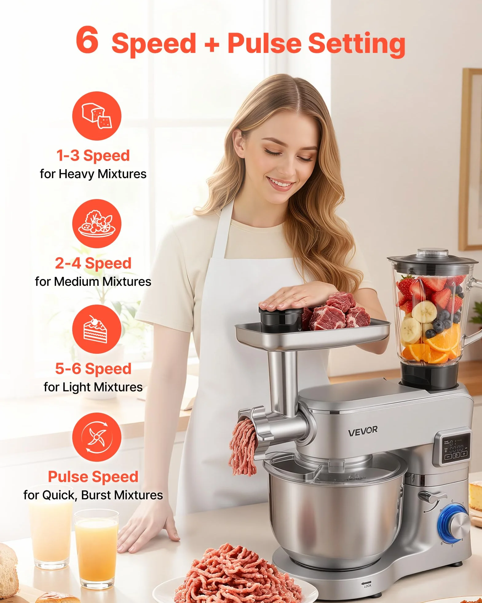 VEVOR Procesador de Alimentos Eléctrico Multifuncional de 1500 W, con Bol de Acero Inoxidable 5,7 L y Bol para Mezclar 1,5 L, 6 Velocidades + P, Gancho para Amasar, Batidor de Varillas y el Plano