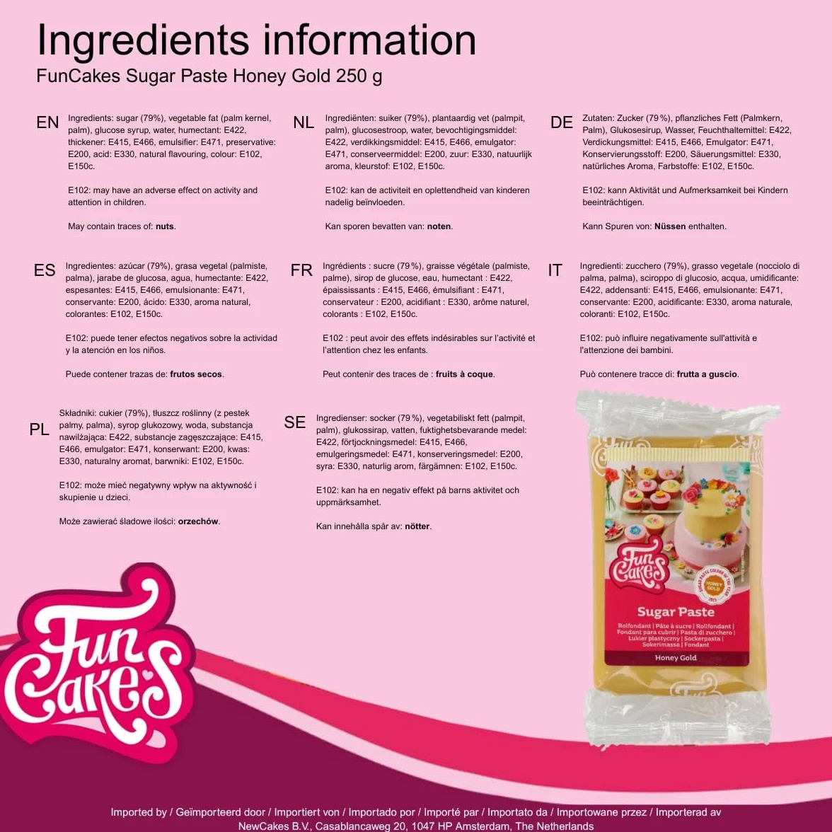 FunCakes Pasta de Azúcar Honey Gold 250 g, Decoración de Pasteles, Halal, Kosher, Sin Gluten