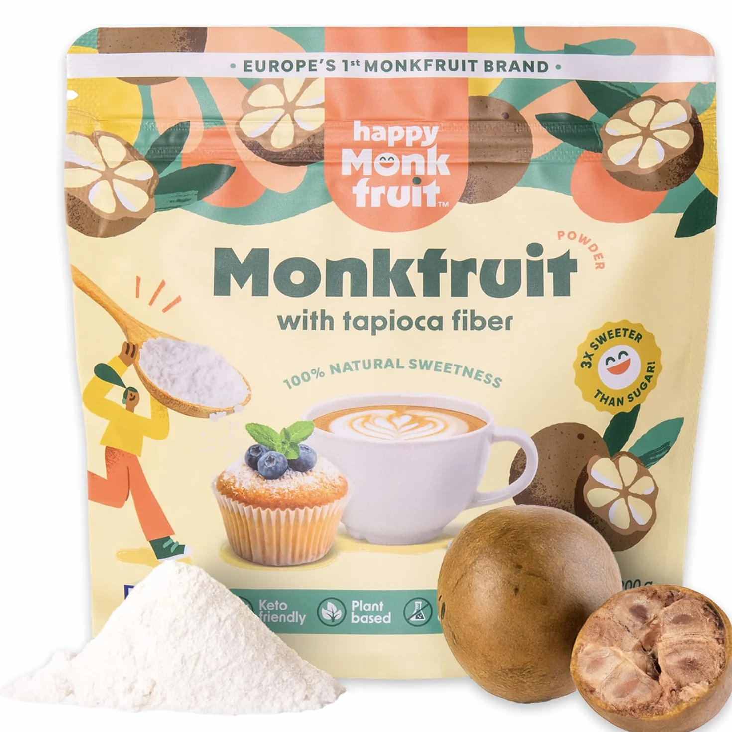 Endulzante de fruta del monje en polvo 200 g - 3× más dulce que el azúcar, monk fruit natural apta para keto, 150 porciones