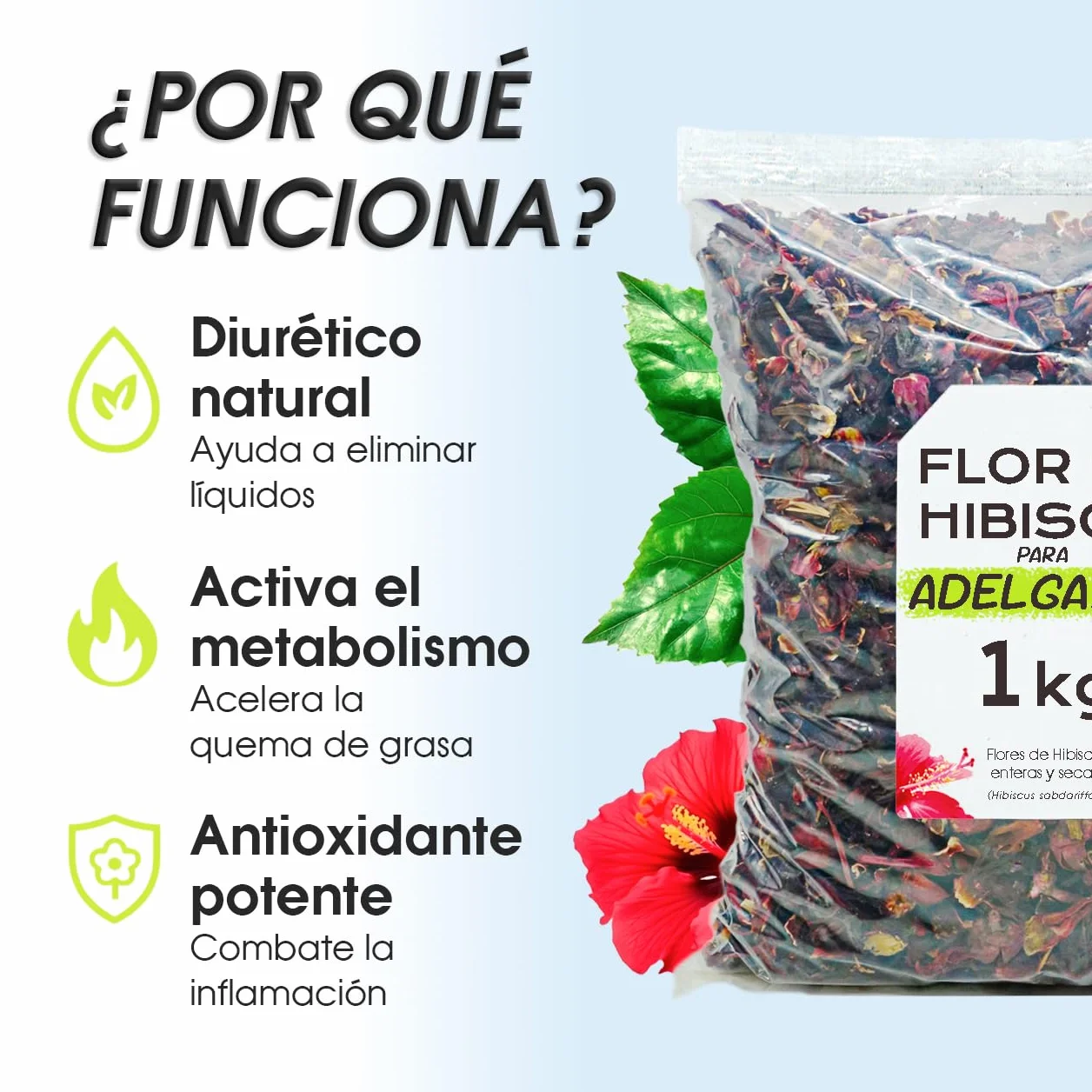 Flor de Jamaica 1kg - Té de Hibisco para Adelgazar, Reducir Hinchazón, Antioxidante Natural
