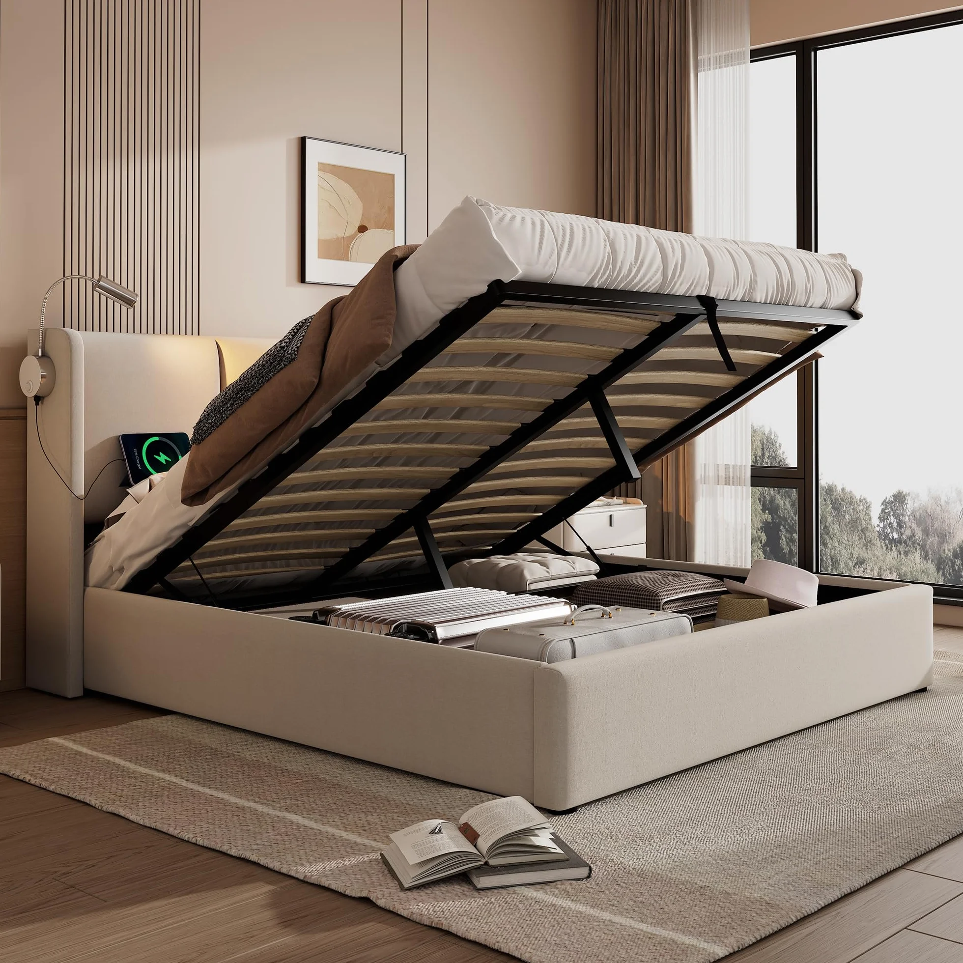 KAZZIO Cama tapizada para cama de matrimonio con espacio de almacenamiento, luz de lectura con función de carga USB, cabecero, estructura de cama de poliuretano, con somier (sin colchón) (beige, 140 x