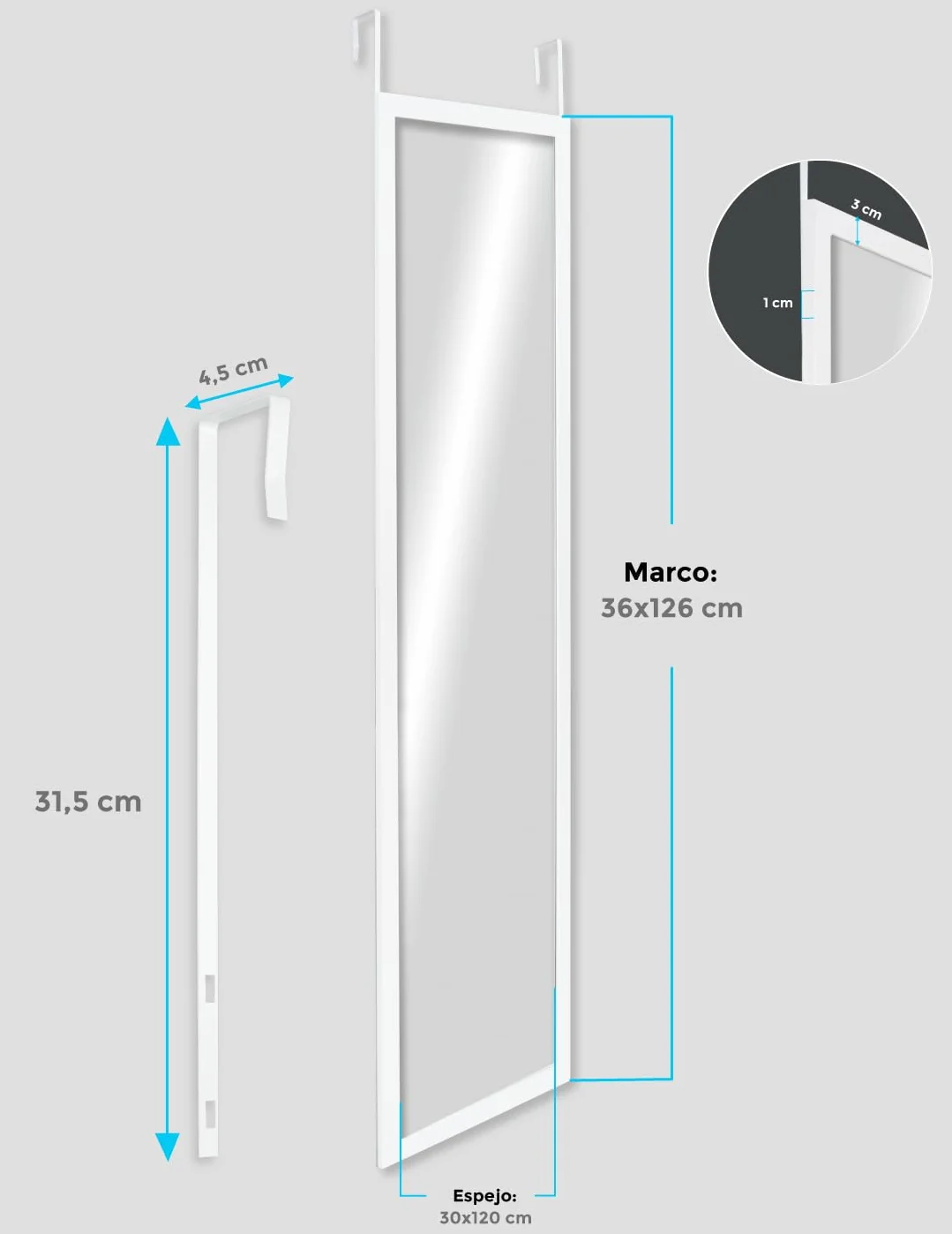 CHELY INTERMARKET MOD19300 Lustro Drzwiowe Białe 30x120cm Minimalistyczne