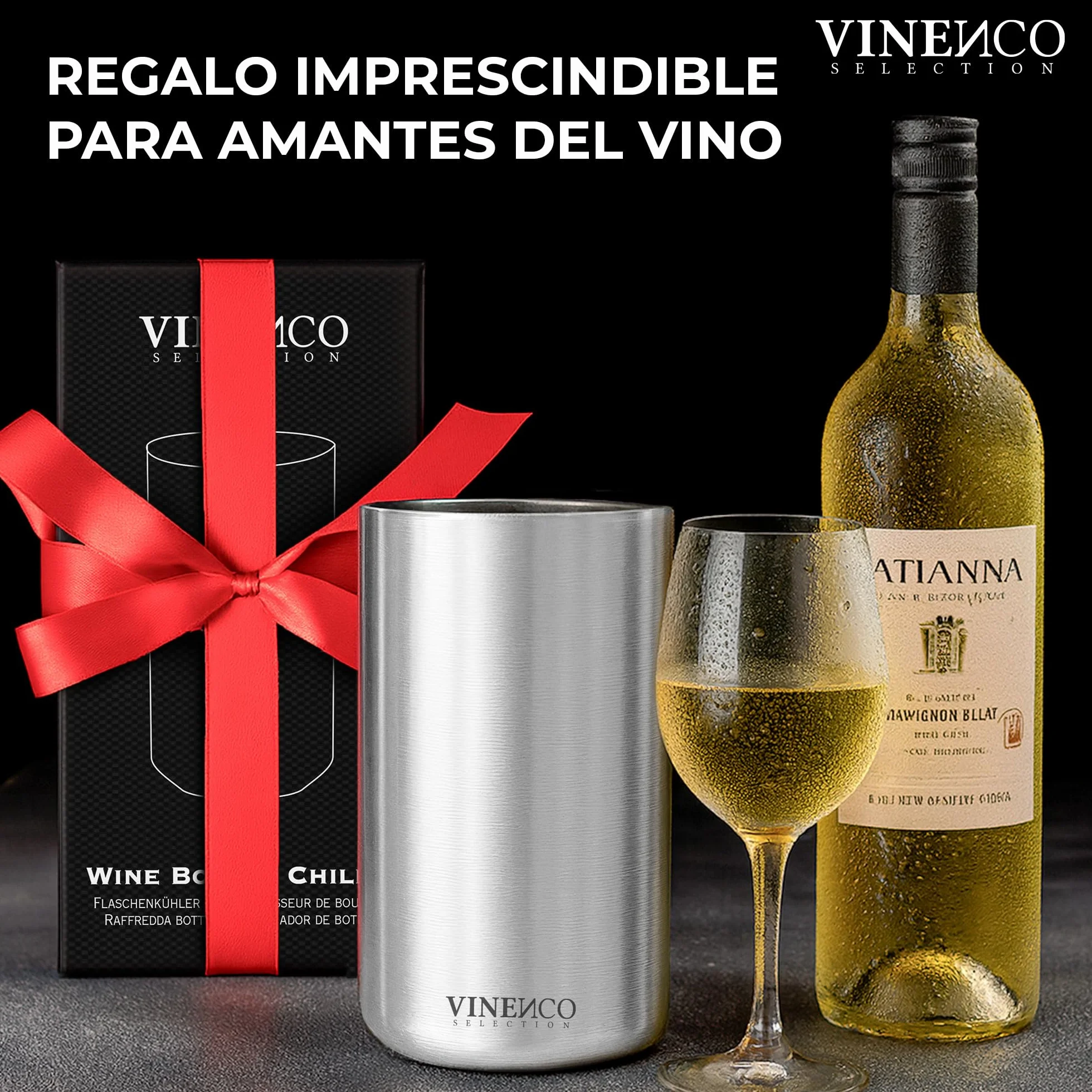 VINENCO Enfriador de Botellas de Vino Acero Inoxidable Doble Pared Aislado | Cubitera de Vino Champan y Bebidas | Set de Regalo para Hombres y Mujeres Accesorios de Vino Idea de Regalo Navidad