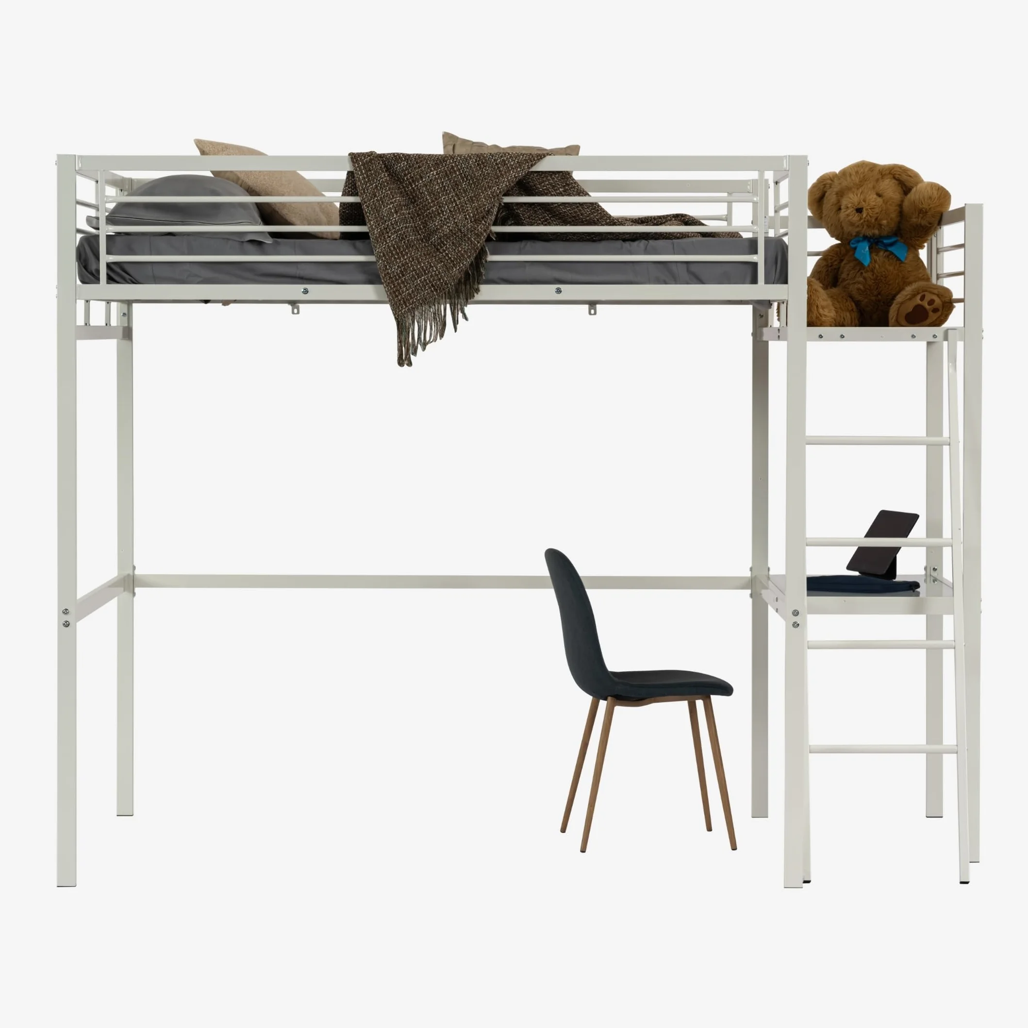 MEUBLE Cosy Literas Juveniles Cama Alta Estructura de Metal Doble 140 x 190 cm con Escalera y Escritorio para niños, Adolescentes y Adultos, Estilo Industrial, Blanco
