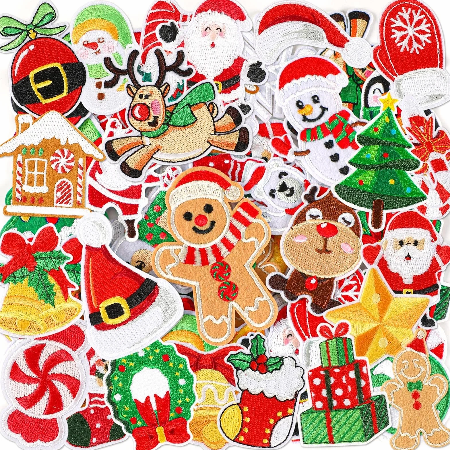 AUGSUN 60 parches de Navidad para planchar, estilos surtidos, bordados de Navidad, parches de reparación de Papá Noel, árbol de Navidad, corona, muñeco de nieve, alce, ángel, reno, bastón de caramelo,