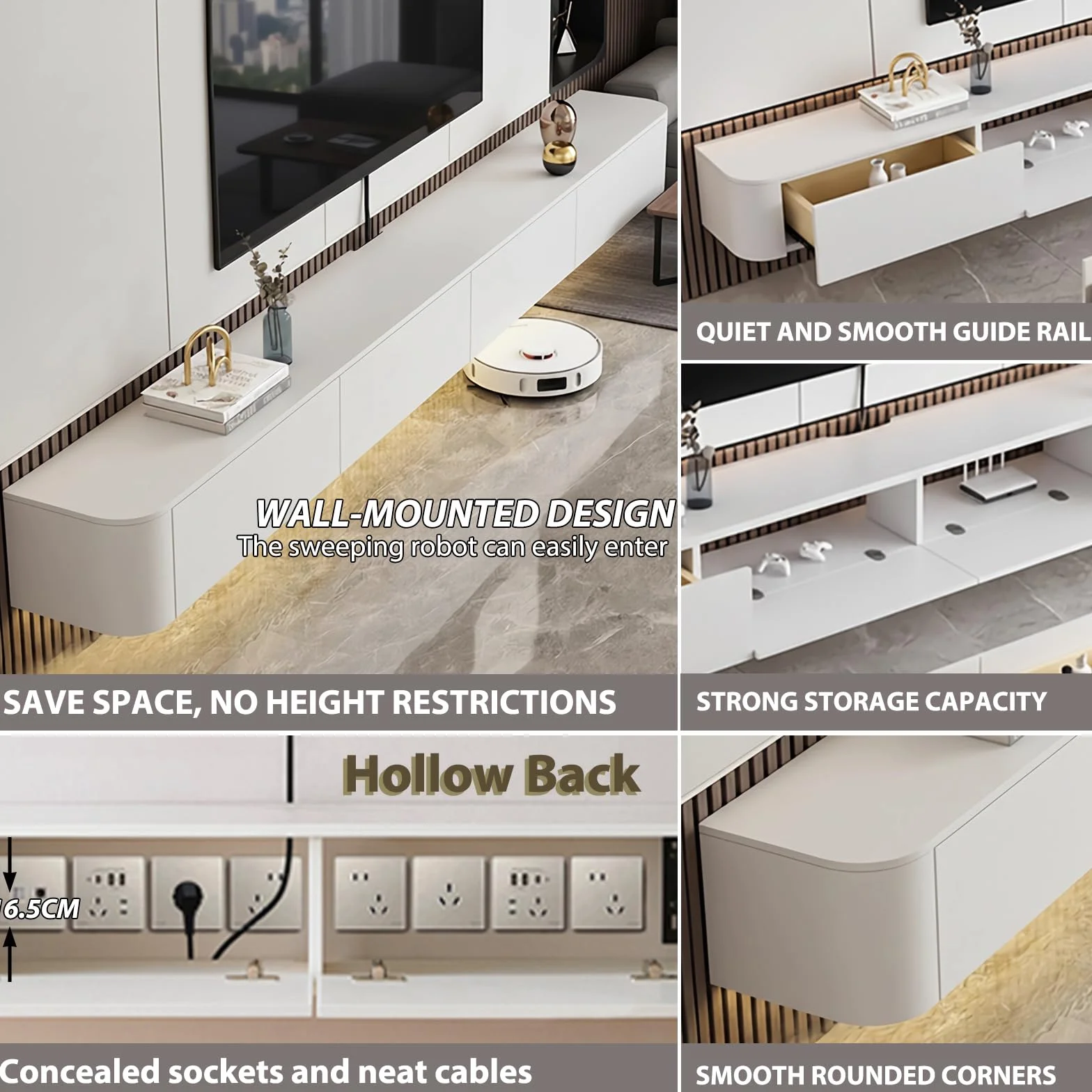 Mueble de TV Flotante, Soporte de montado en la Pared con Dos cajones, Consola Multimedia para, Mueble de TV Grande para Sala de Estar y Oficina (180cm/70.8in,Blanco-A)