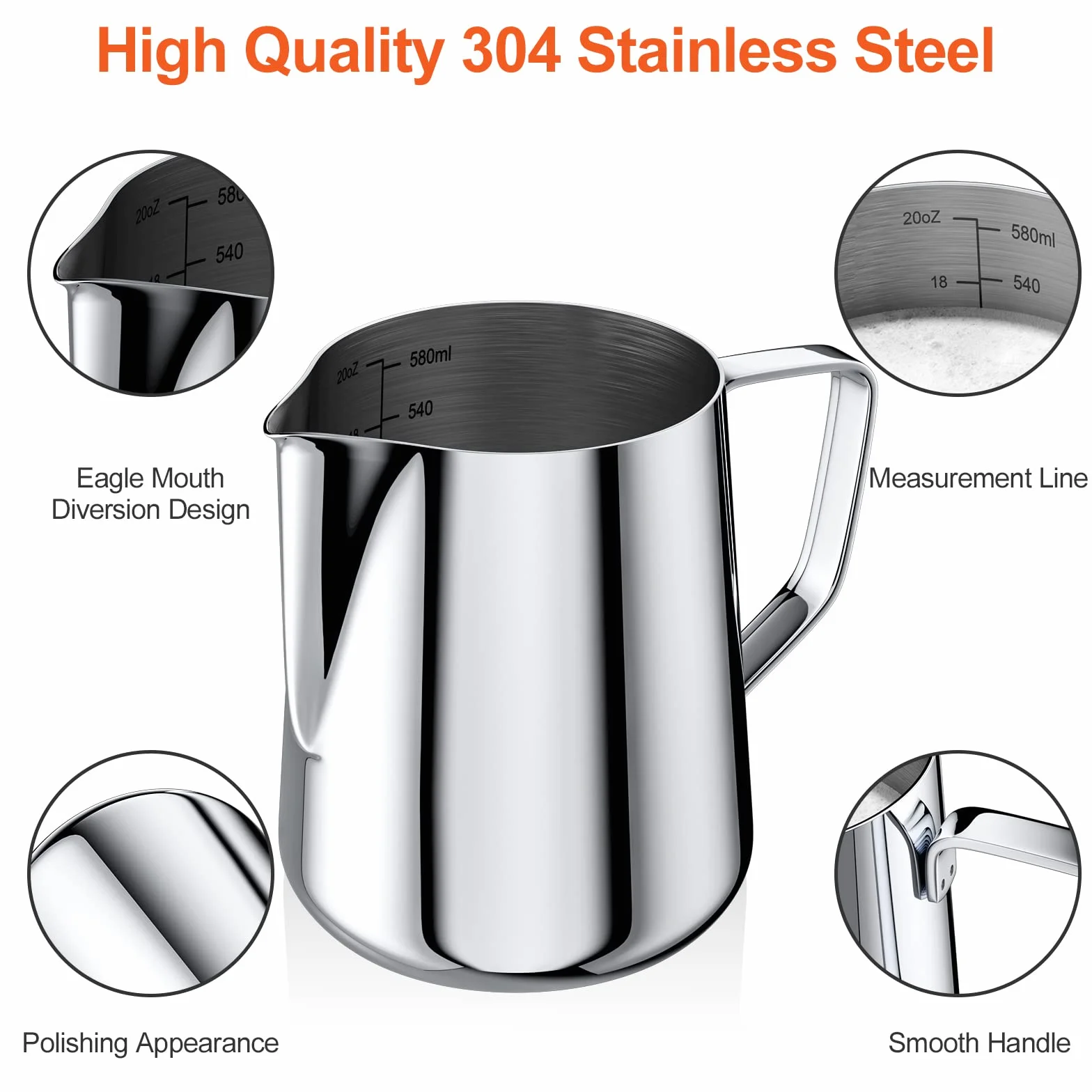 Newaner 600ml Jarra Leche Barista 304 Acero Inoxidable, Jarra de Leche con Marca de Medición 12oz, Jarra Cafe para Capuchino, Espresso, Latte Art, Perfecta para Los Amantes del Café, Plata