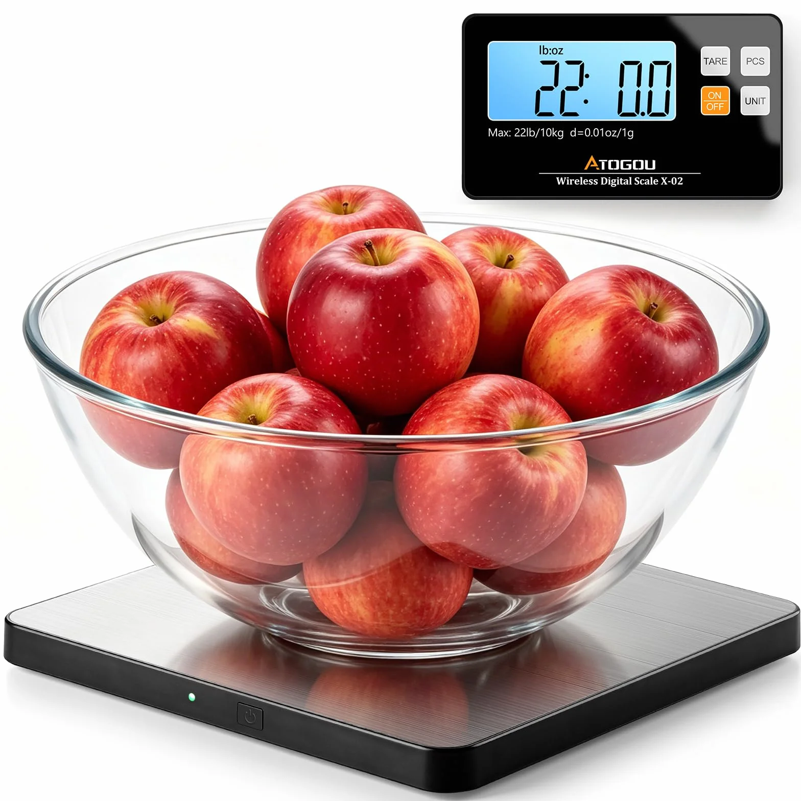 Atogou Báscula de cocina inalámbrica, 22 lb/10 kg con pantalla desmontable y plataforma más grande, 0.01oz/1g, 9 unidades, función de conteo, acero inoxidable, para cocinar, hornear, envío, plateado