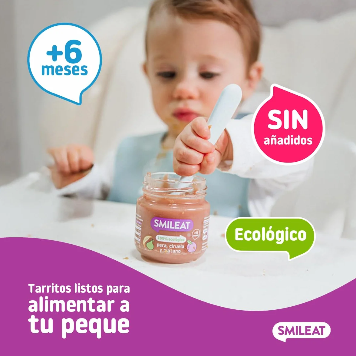 Smileat Tarrito de Frutas Ecológicas Pera Ciruela Plátano 130g +6 Meses Sin Azúcar Añadido