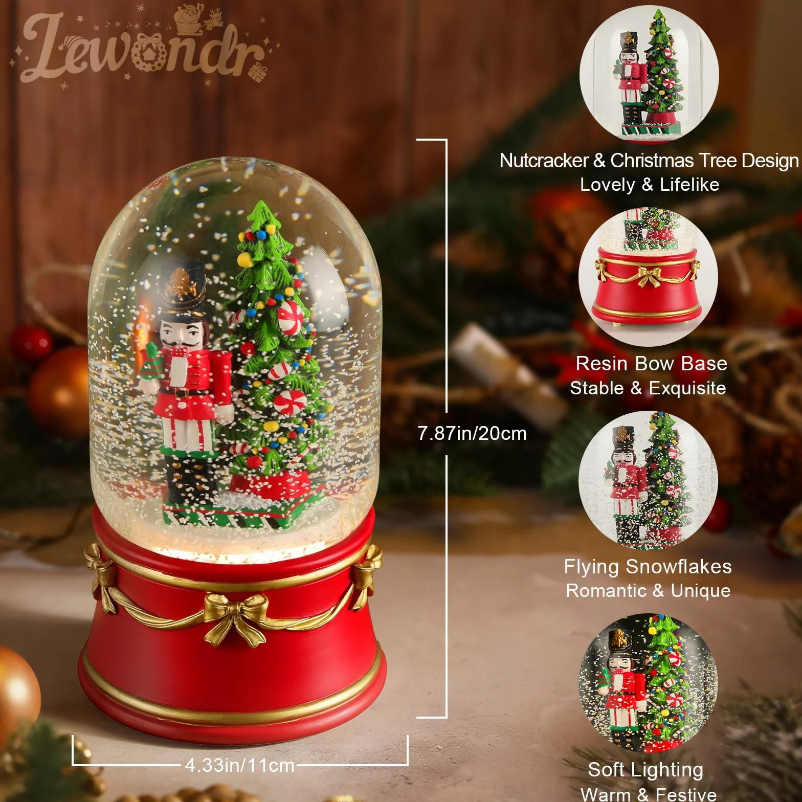 Lewondr Globo de Nieve Navideño, Globo de Cristal con 8 Canciones Navideñas, Caja de Música Eléctrica Reno con Cascanueces y árbol de Navidad, Decoración de Navidad para Chimenea de Dormitorio