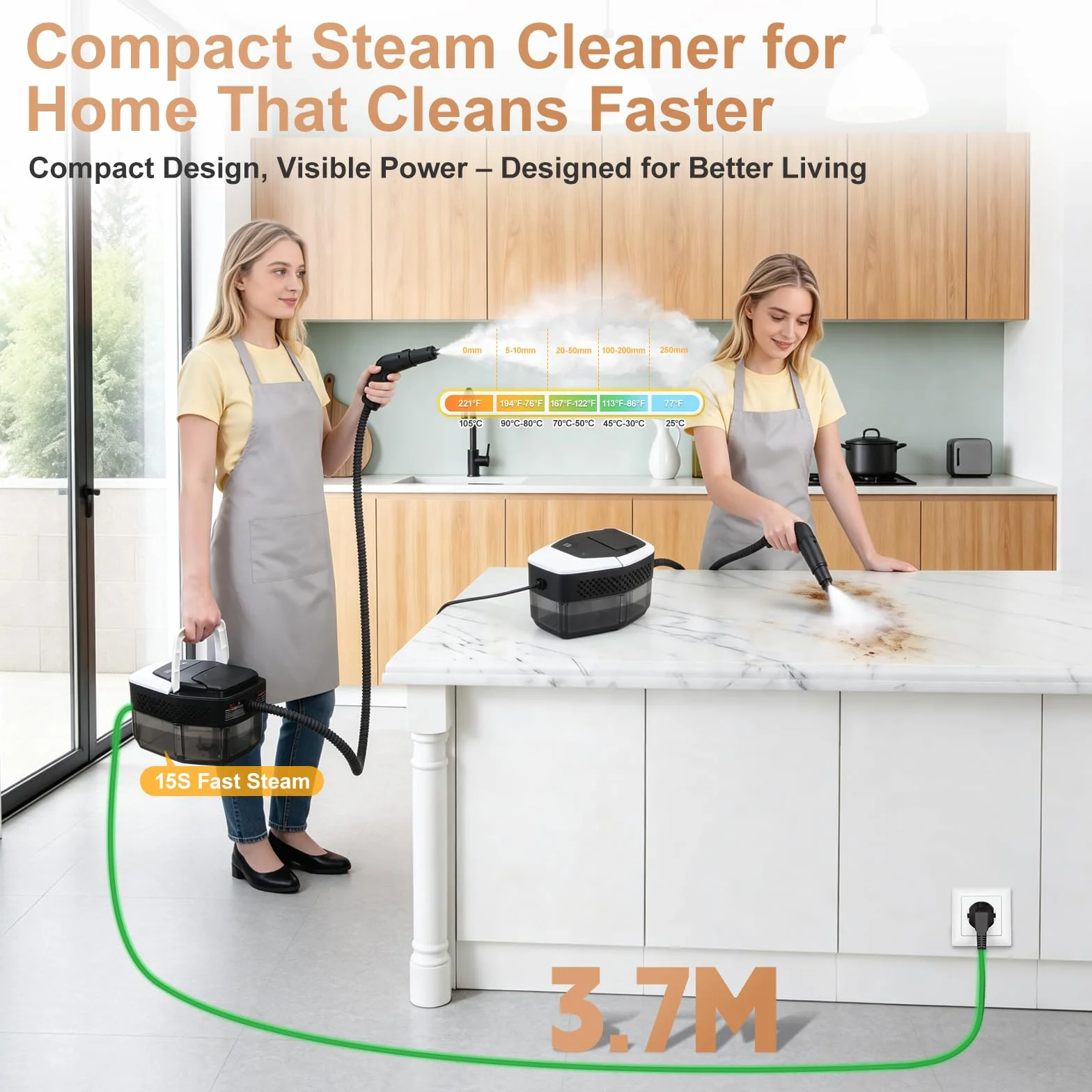 Vaporeta limpieza hogar 1500W, limpiador de vapor portátil 1.8L con 12 accesorios, blanco