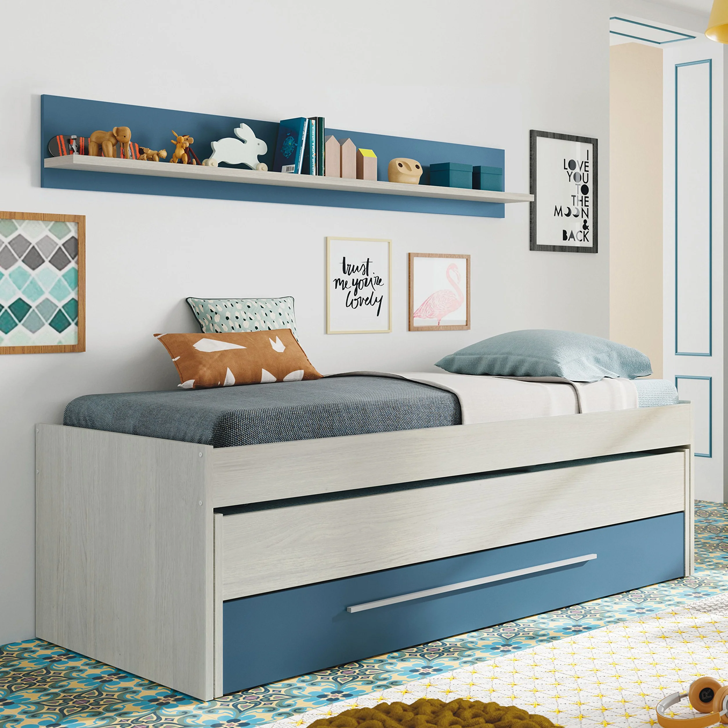 Habitdesign, Cama Nido juvenil, 2 Camas 1 Cajón y 1 Estante, Color blanco Alpes y Azul, Medidas 200 cm (largo) x 96 cm (Fondo) x 69 cm (Alto)