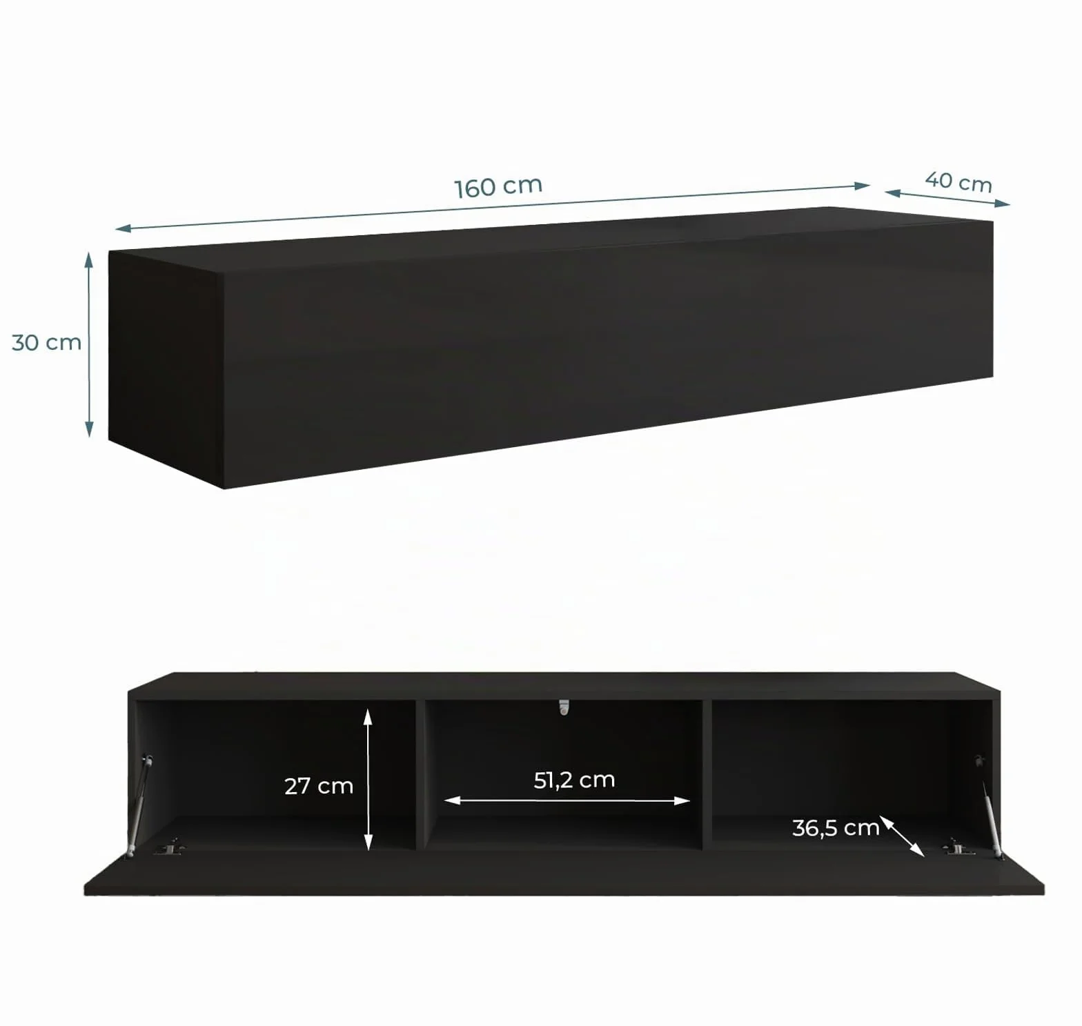 MB Muebles Bonitos, Mueble TV Colgante Nora H2 para Salón Moderno, 1 Puerta 3 Compartimentos, Color Negro, 160x30x40 cm
