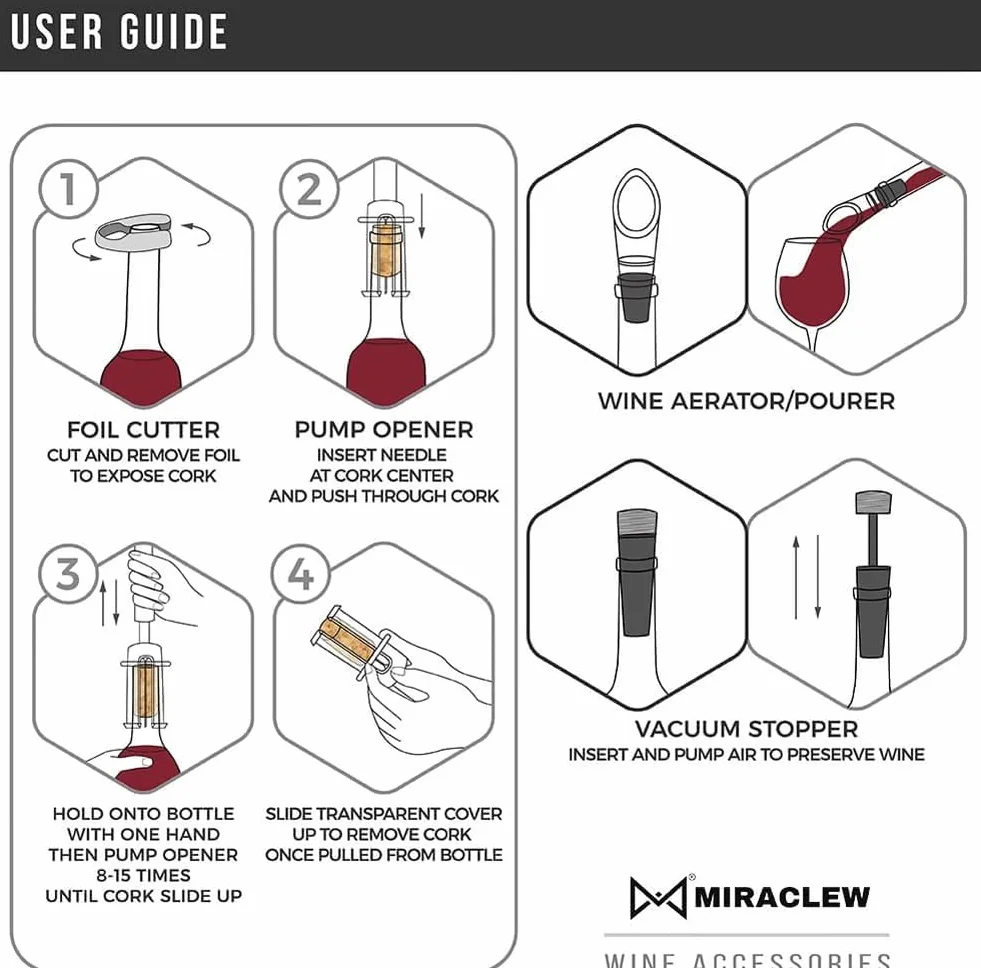 MIRACLEW Wine Opener, Air Pump Cork Remover Wine Bottle Opener Set, Miracle Air Pressure Wine Opener Set, with Bottle Opener, Vacuum Stopper, Wine Pourer, Paper Cutter (Silver)