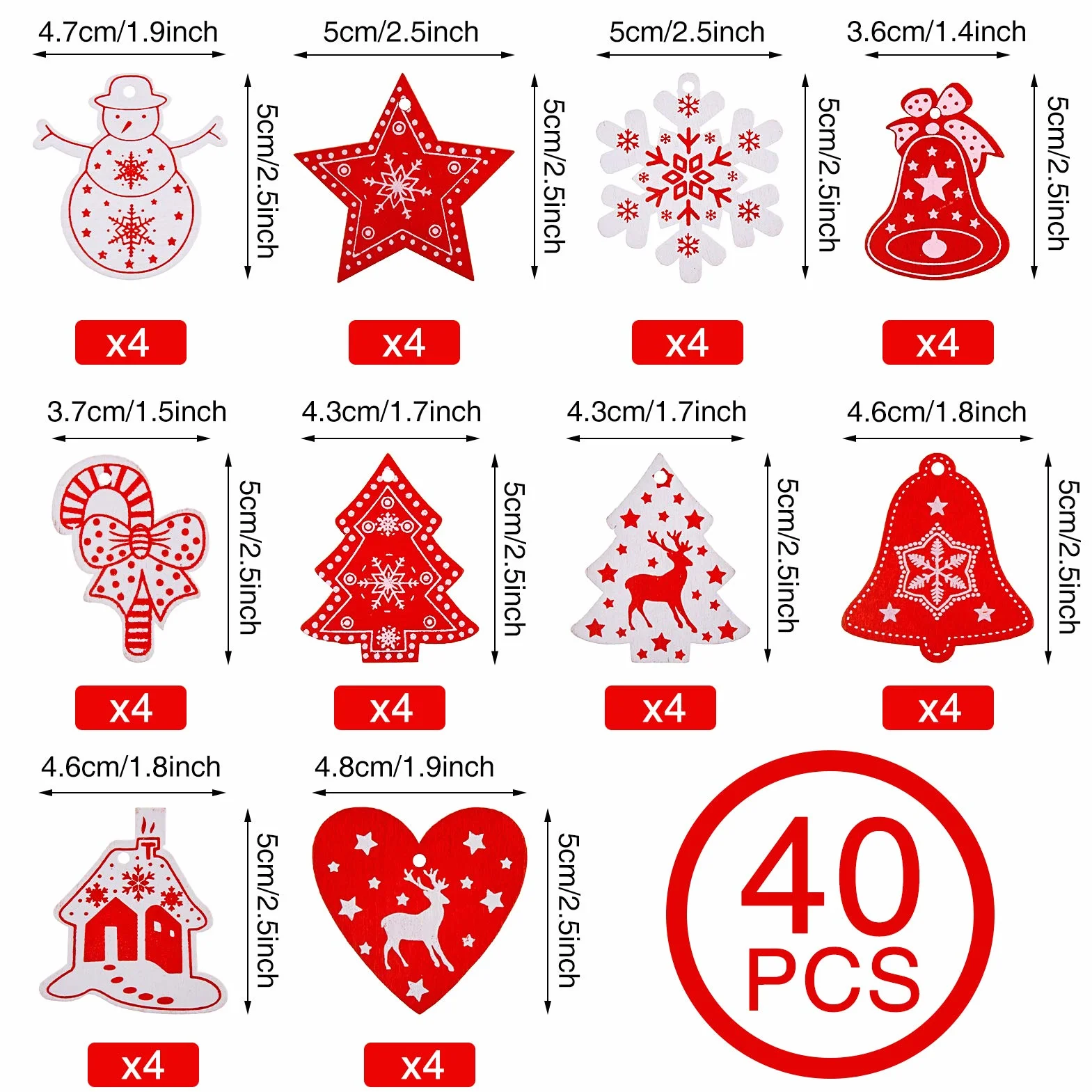 Kiiwah 40 Piezas Adornos para Árboles de Navidad, Colgantes de Madera con Hilos de Algodón y Cuentas