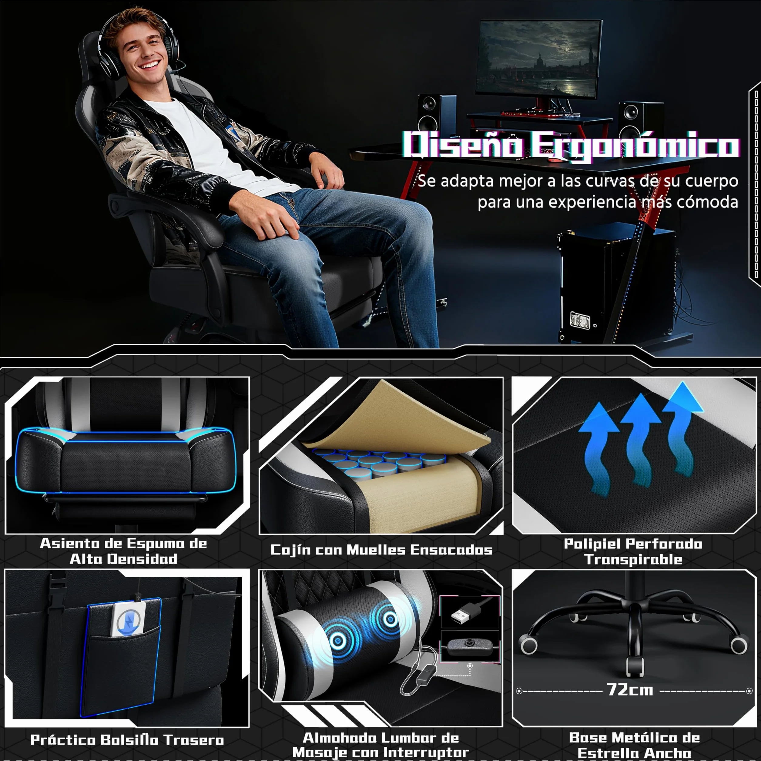 Yaheetech Silla Gaming Ergonómica con Respaldo Alto, Masaje Lumbar, Reposacabezas y Reposapiés, Ajustable, Negra/Blanca