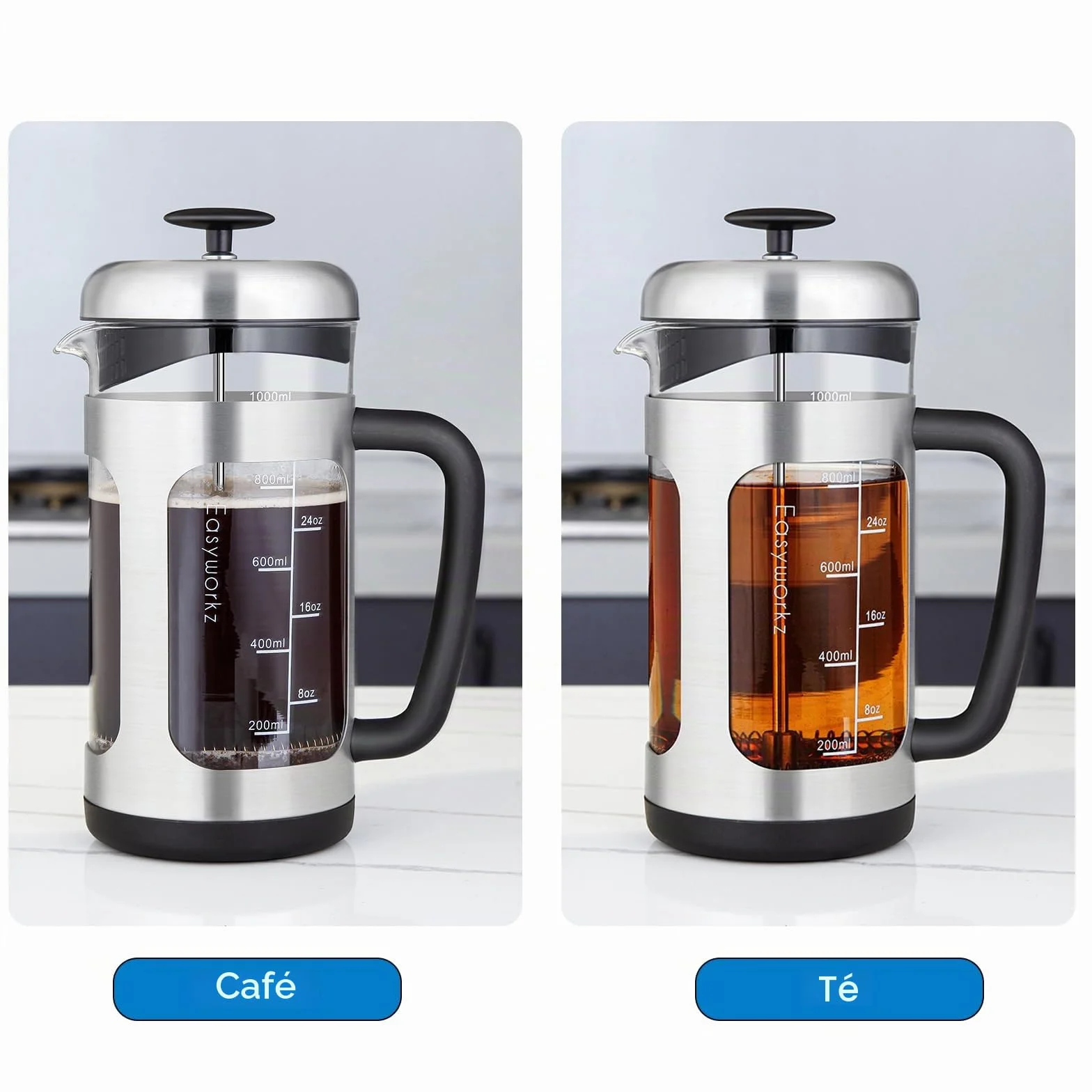 Easyworkz Cafetera de prensa francesa de Acero Inoxidable,vidrio de borosilicato resistente al calor,1000 ml