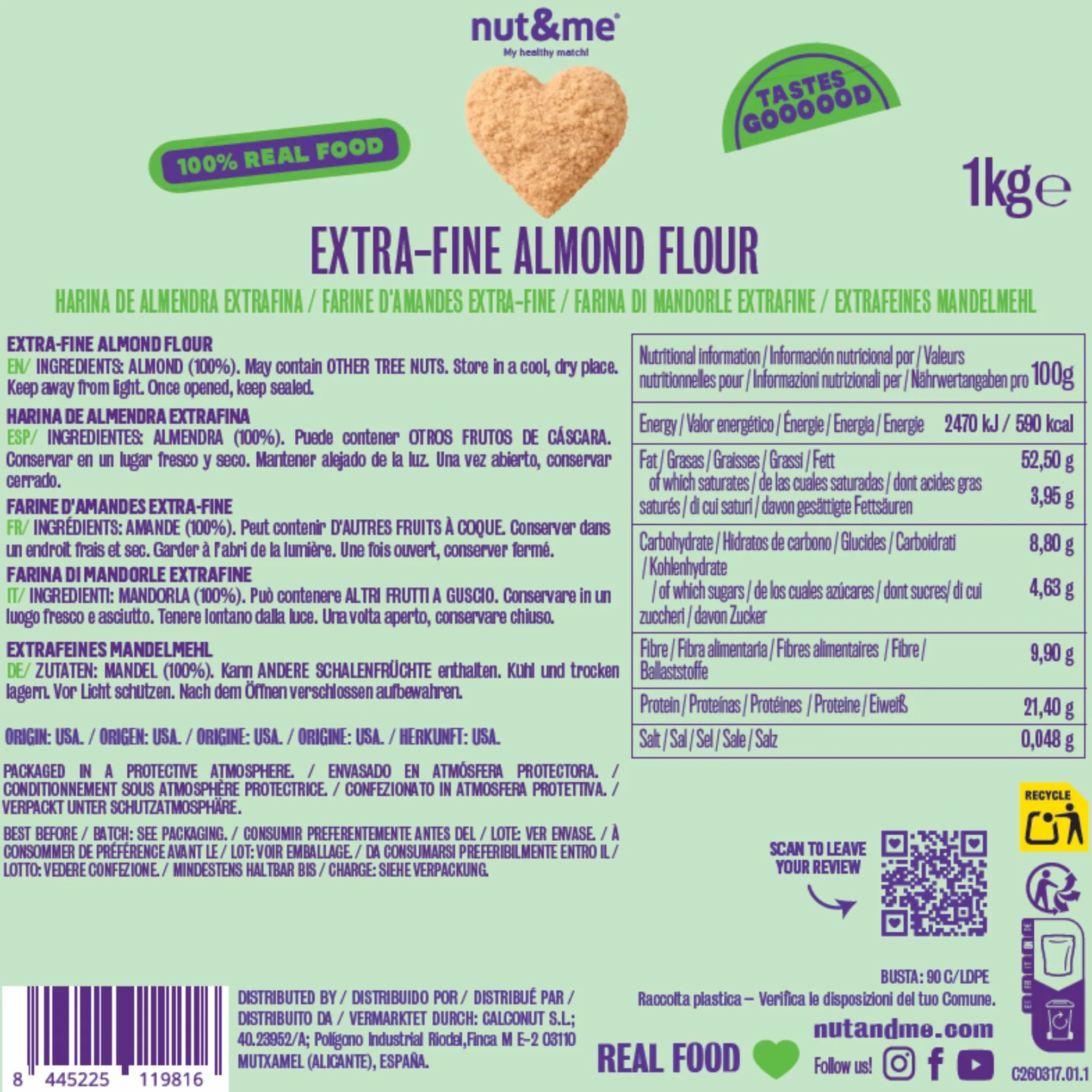 Harina de Almendras 1 KG nut&me - 100% Almendra Extrafina Sin Gluten Keto Repostería