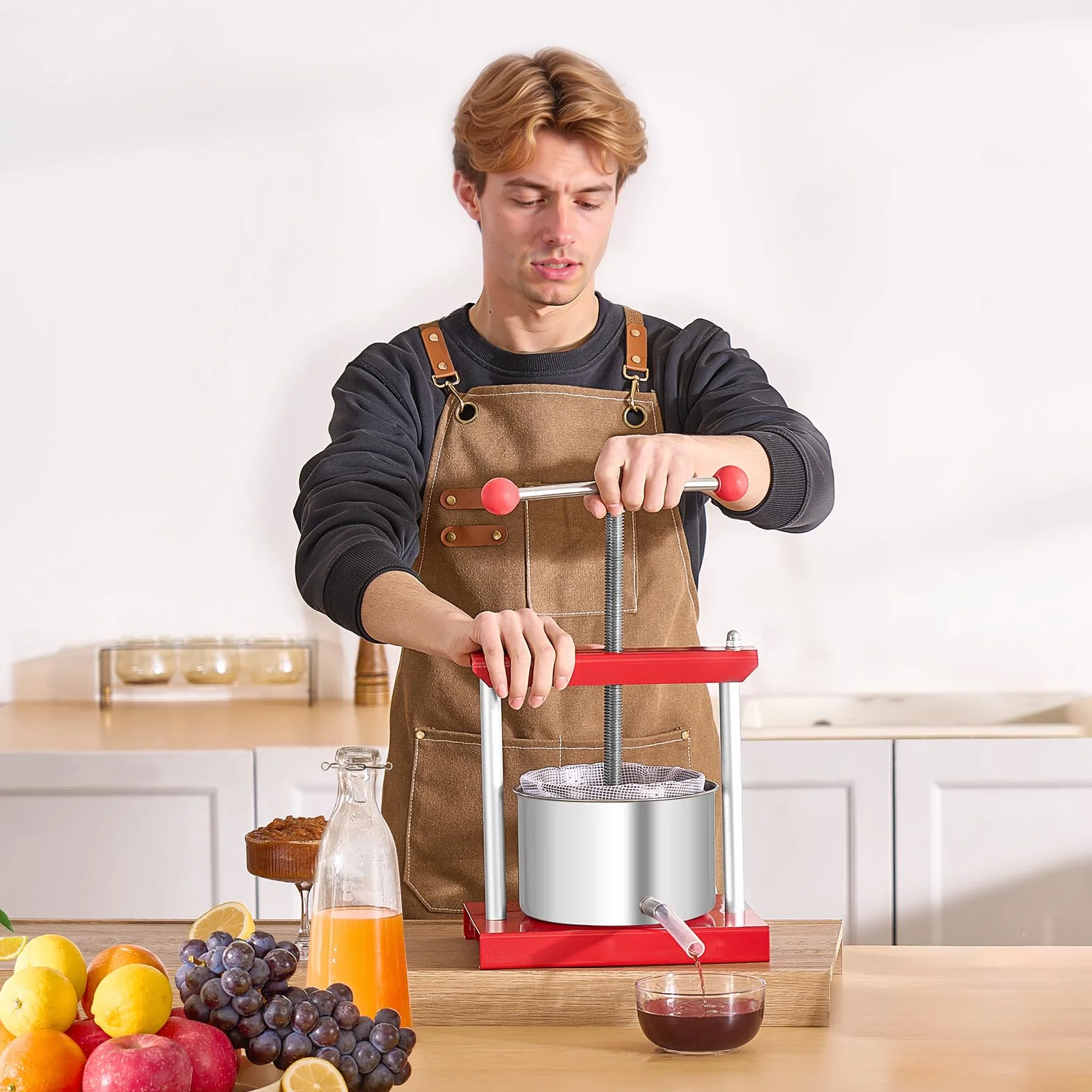 VEVOR Prensa de Vino de Frutas 3 L, 2 Barriles de Acero Inoxidable, Exprimidor Manual, Sidra, Manzana, Tintura de Uva, Miel, Aceite de Oliva, para Cocina al Aire Libre y Hogar, 260 x 205 x 560 mm