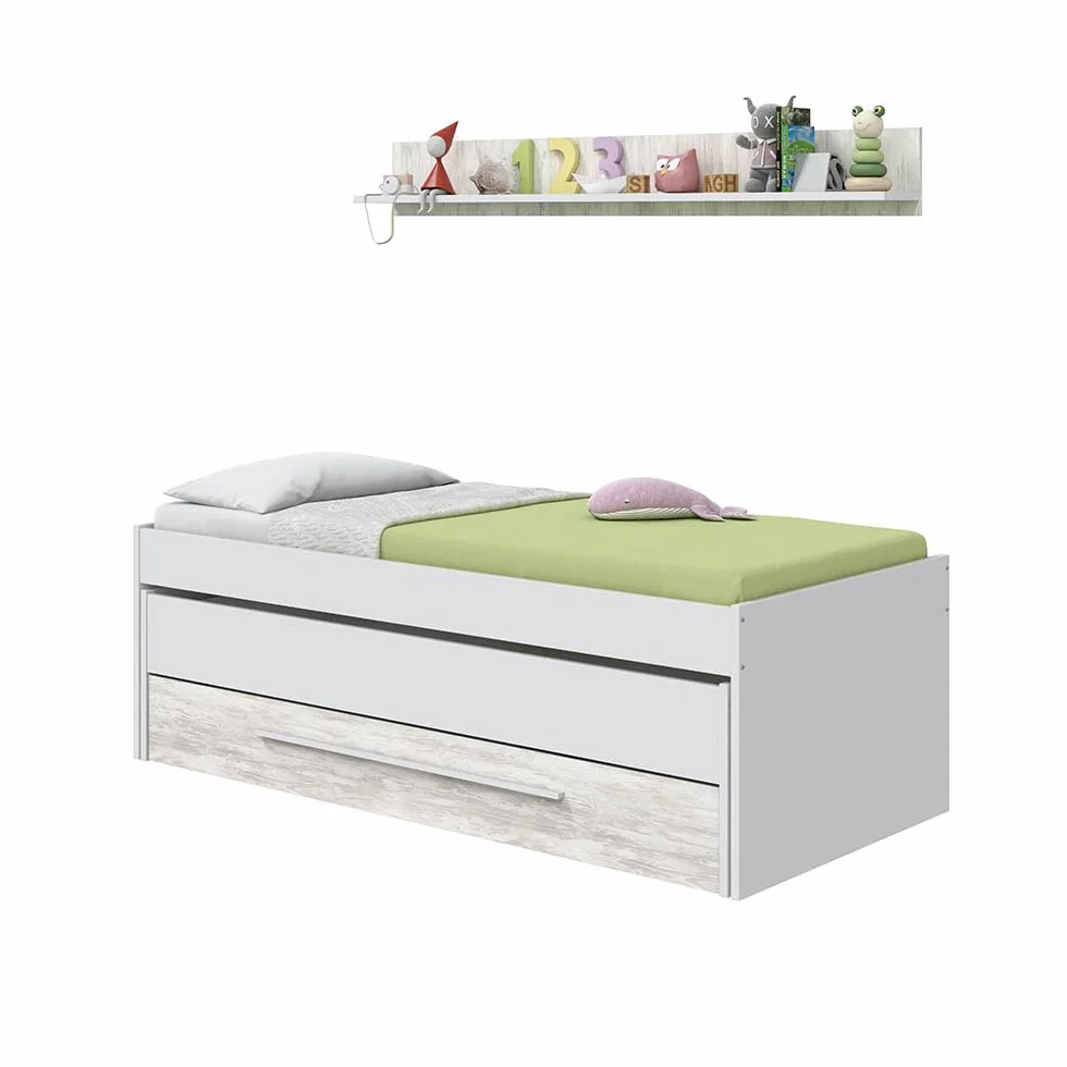 Habitdesign Cama Nido Juvenil 2 Camas Cajon Estante Infantil Blanco 199x96x65 cm