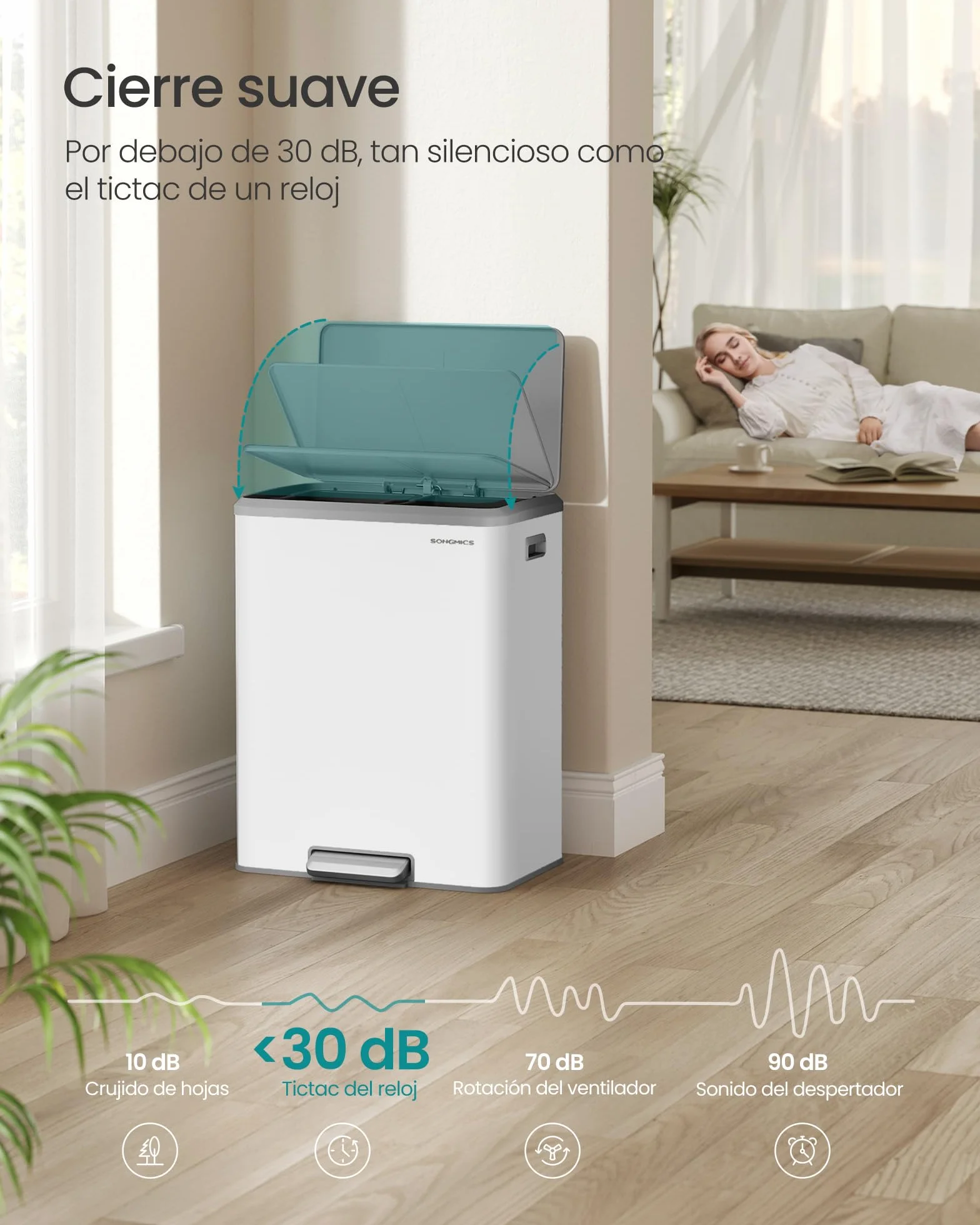 SONGMICS Papelera de Cocina, 2 x 30 L Cubo Doble para Reciclaje y Basura, Cubos Interiores, Acero, Tapa de Cierre Suave, Pedal Ancho y Robusto, Blanco Nube LTB556W02