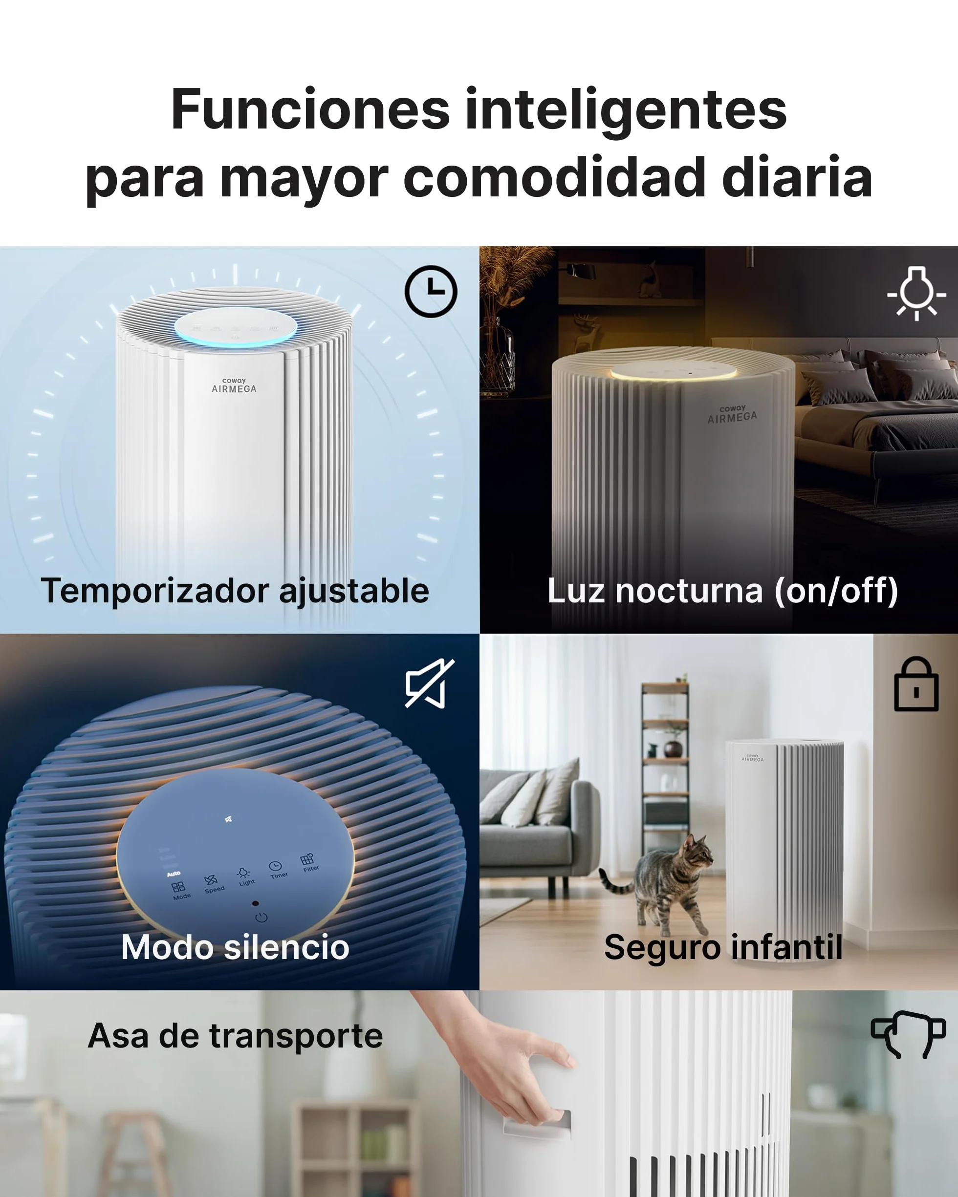 COWAY Purificador de aire para espacios grandes, CADR 713 m³/h, limpia 148 m² en 30 min, filtro HEPA para humo, alergias, pelo de mascotas, olores, sensor PM10, modo ahorro energético, AIRMEGA 350