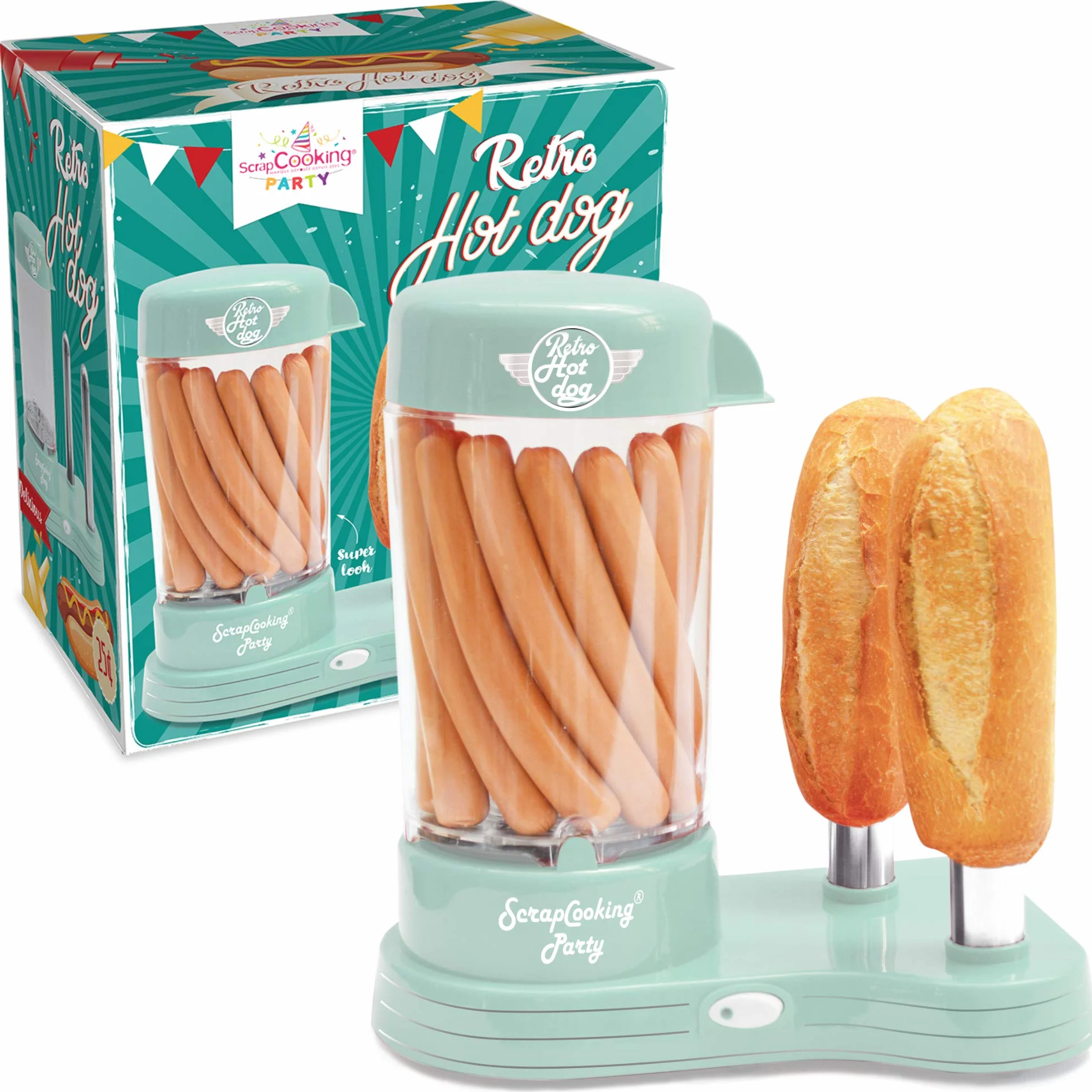ScrapCooking - Máquina para Perritos Calientes - Máquina para Hacer Auténticos Hot Dogs U.S. - Capacidad para 12 Salchichas y 2 Panes - Estilo Retro Vintage para Fiestas, Barbacoas - Verde - 0601