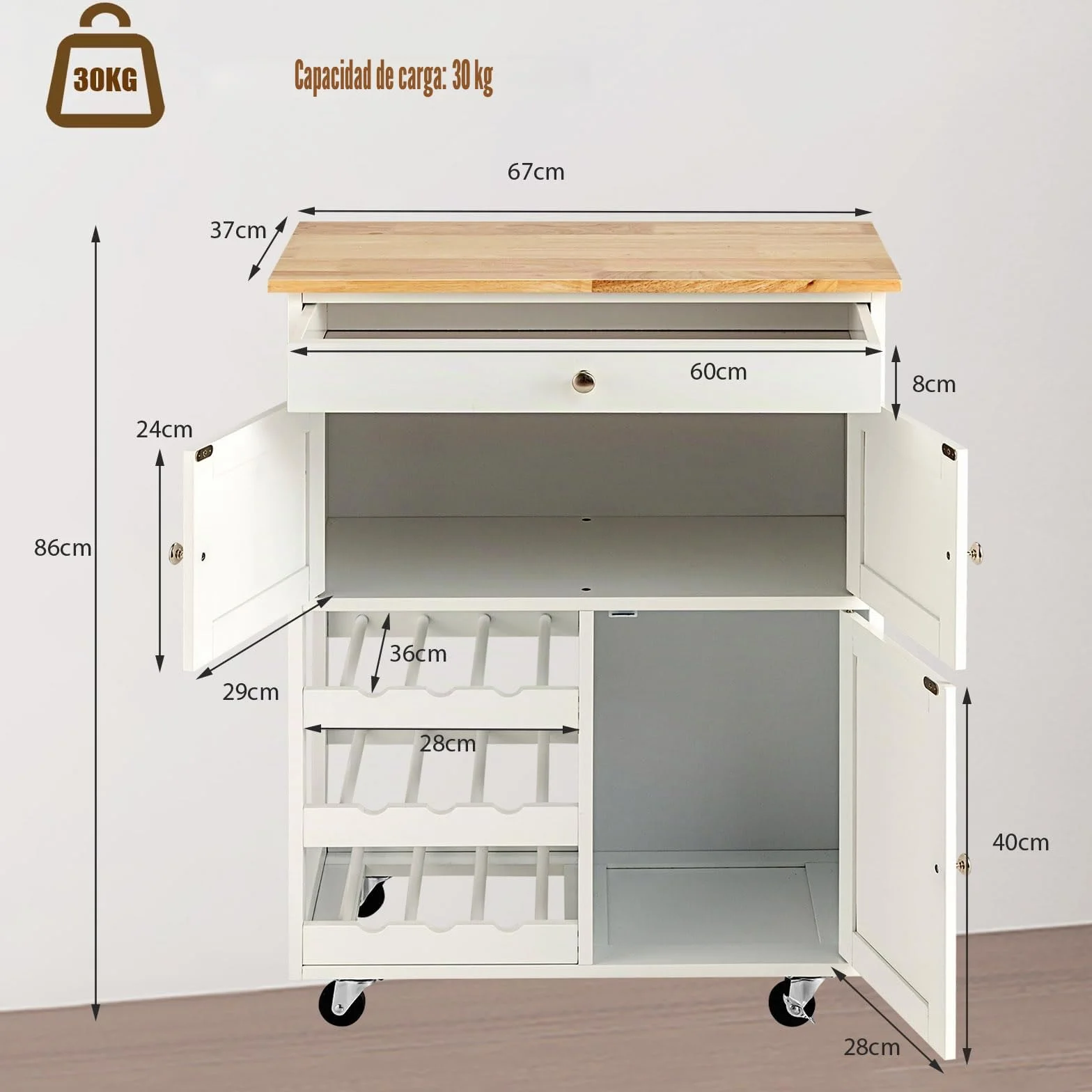 KOMFOTTEU Carro de Cocina de Madera, Carrito de Servicio con Ruedas, Mueble Isla Móvil con Cajón, Botellero de 3 Niveles y 2 Armarios, para Comedor, Bar, Restaurante, 67 x 37 x 86 cm (Blanco)