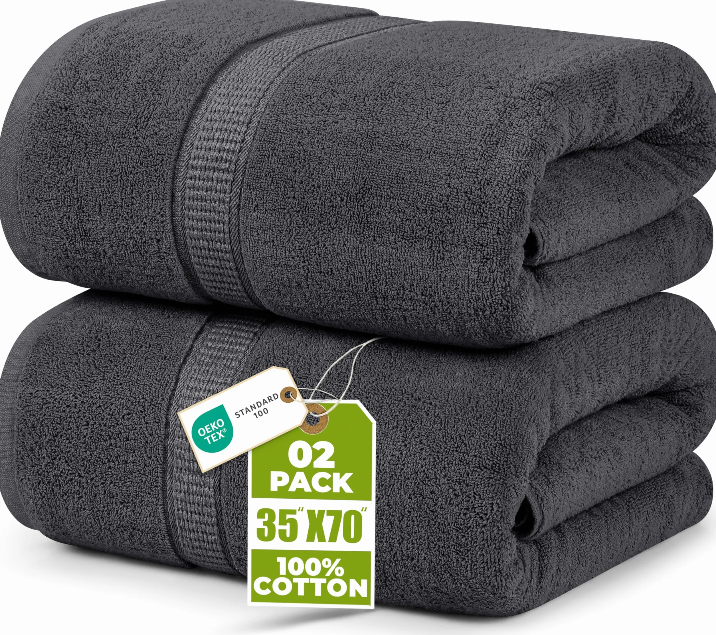 Toallas de Baño Jumbo 90x180 CM 100% Algodón Ring Spun Altamente Absorbente Pack 2 Gris