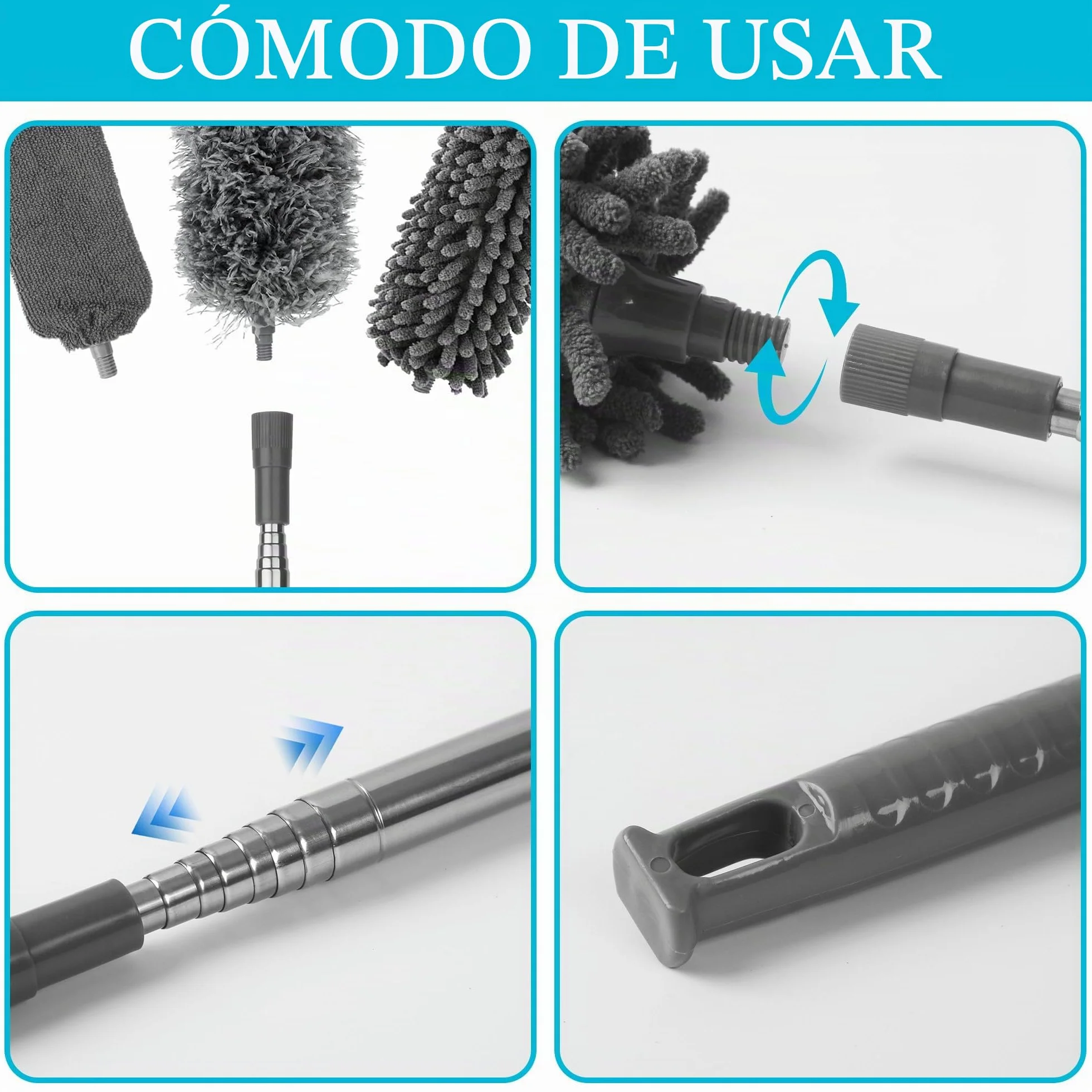 Plumero Telescópico Microfibra Extensible 2,5m, Limpiador de Polvo Retráctil, 9 Piezas