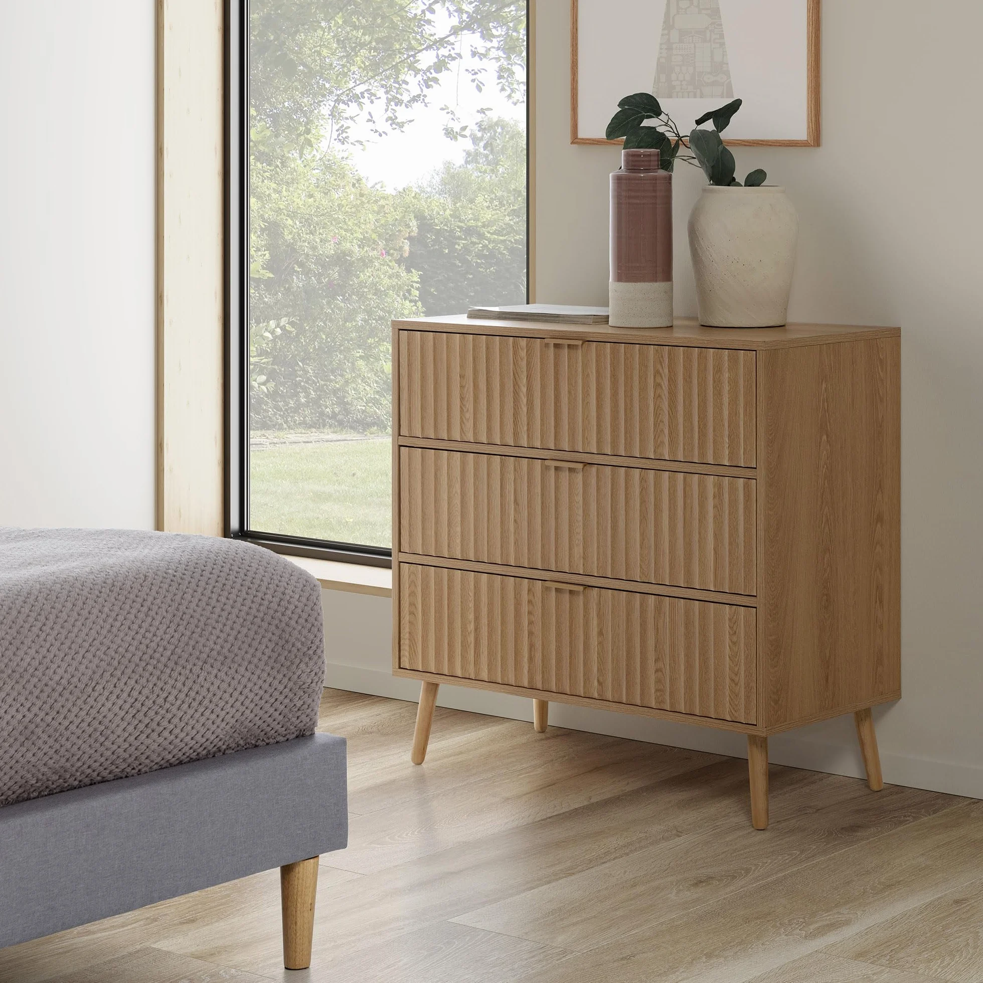 HOMN LIVING Cómoda de Noche Lluvia 3 cajones Color Roble, guías metálicas, 80 cm (Ancho) 40 cm (Profundo) 80 cm (Altura)