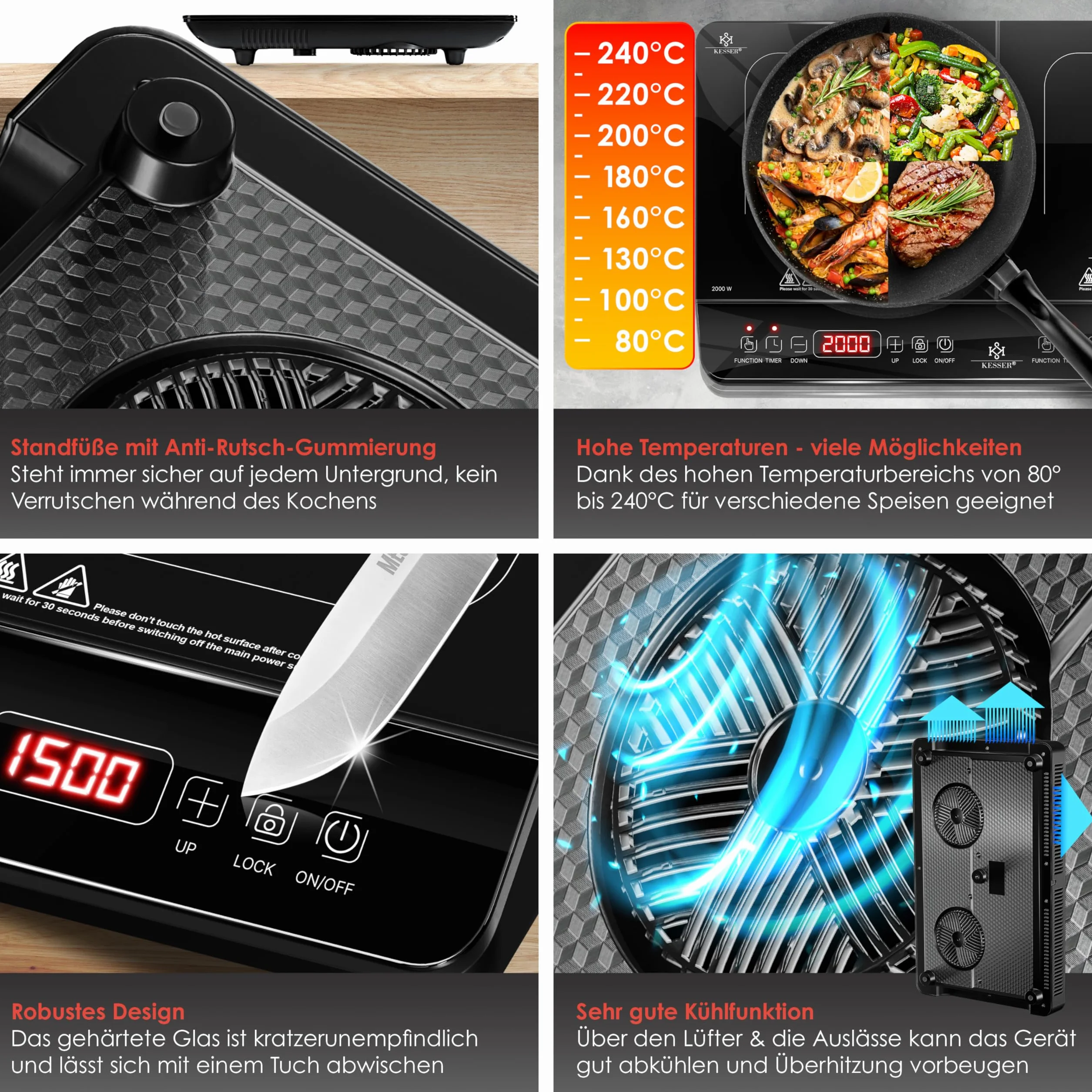 KESSER® Placa de inducción 2 placa 3500W Placa portátil de 57cm + 3 paños de microfibra + 1x libro de recetas, 8 ajustes de calor, temporizador, control táctil, función booster