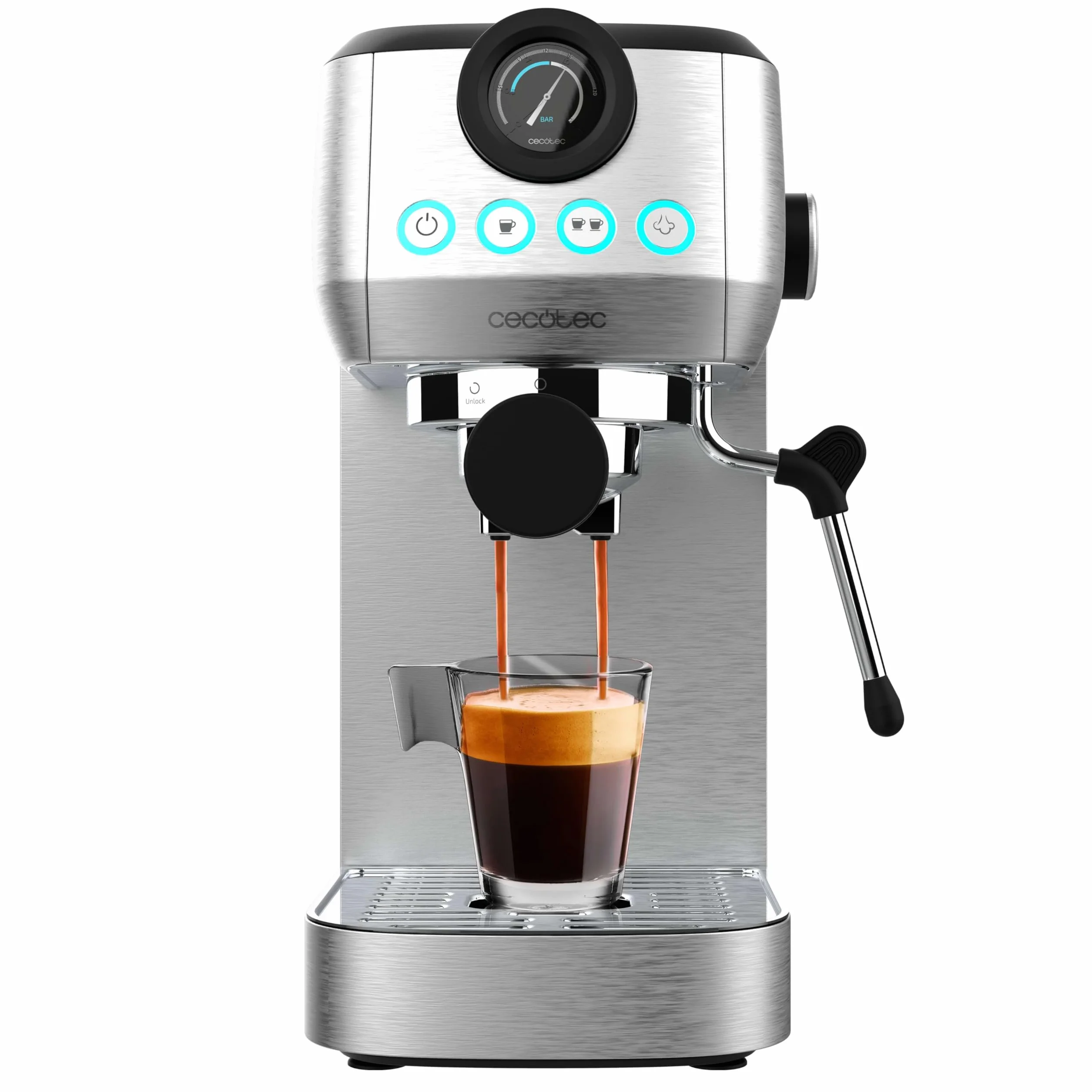 Cecotec Cafetera Espresso Compacta Power Espresso 20 Steel Pro. 1350 W, 20 Bares, Sistema Thermoblock, Vaporizador Orientable, Brazo Portafiltros con Doble salida y 2 Filtros, 1,3 Litros