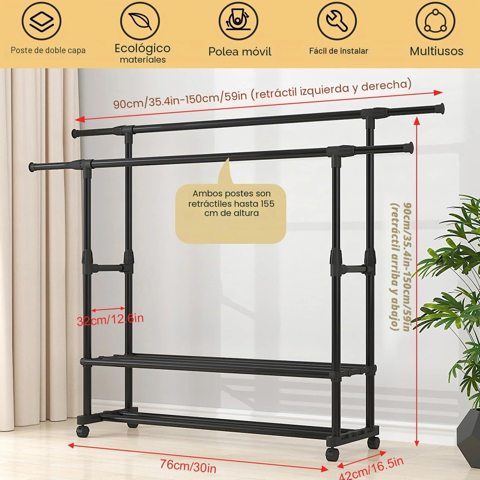 Perchero extensible de metal multifuncional con 2 capas de almacenamiento y ruedas