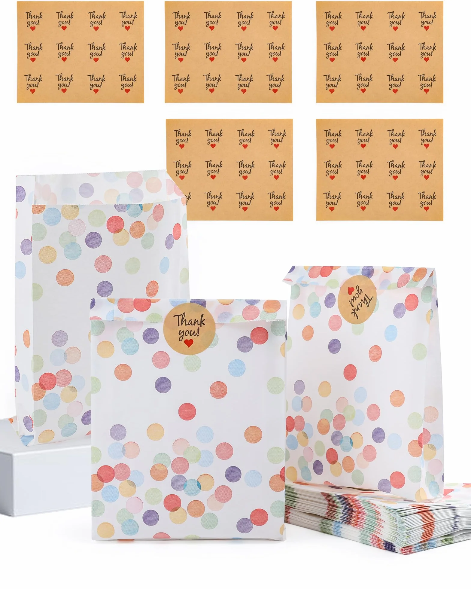 Acual Bolsas Chuches Cumpleaños 50 Pcs con 60 Pegatinas, Bolsitas Regalo Papel con Lunares, Resistente al Aceite para Candy Bar, Bodas, Picnics, Camping, Fiestas y Navidad (19x13x3cm)