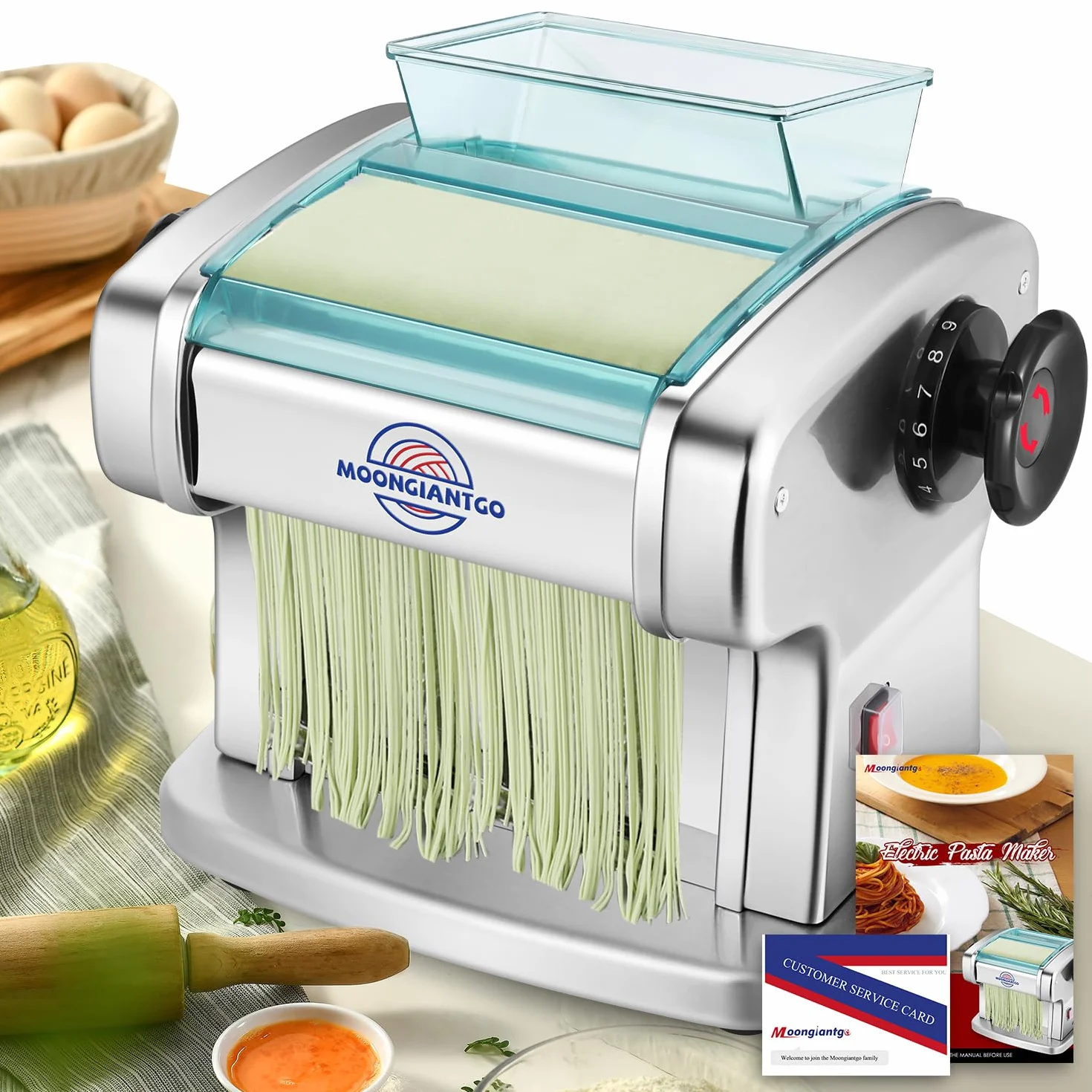 Moongiantgo Máquina Pasta Eléctrica Profesional, Acero Inoxidable, Con Cortador Redondo de 2,5 mm y Plano de 4 mm, Ajuste de Espesor de 9 Velocidades 0,5-5 mm, para Fettuccine, Tagliolini, Ravioli