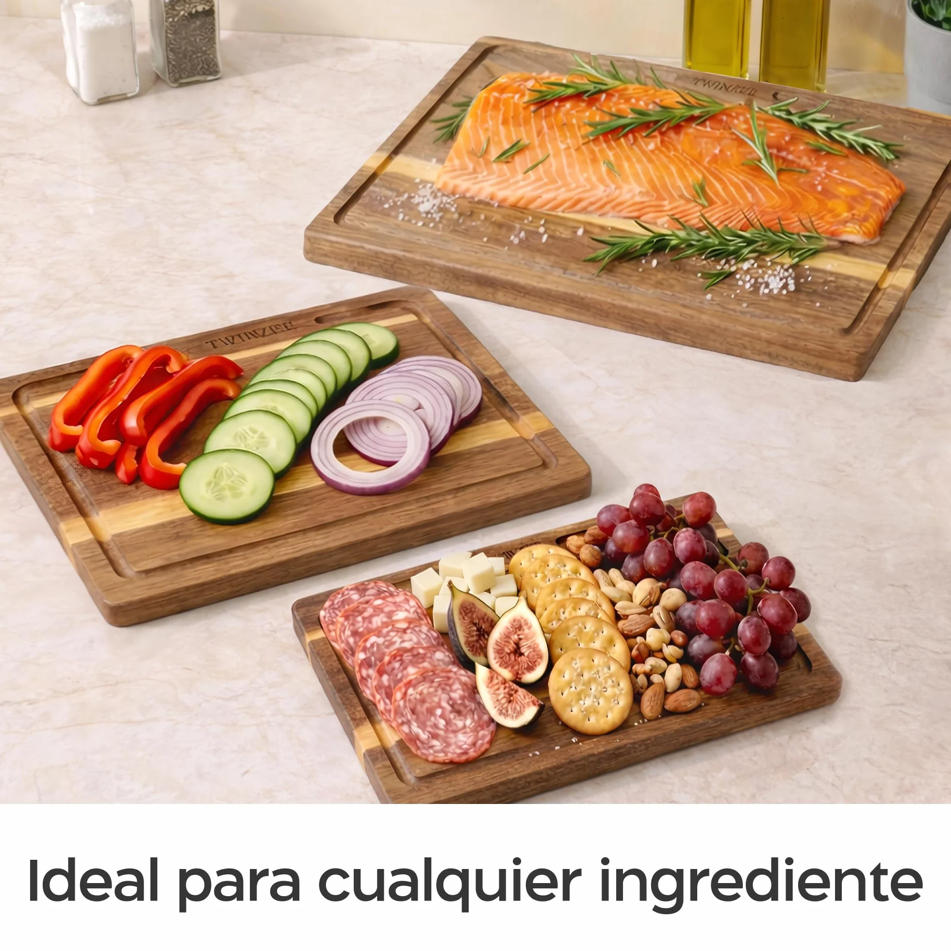 Twinzee Juego de 3 Tablas de Cortar Maciza de Acacia con Soporte, Canal para Jugos, 40x30/33x24/26x18 cm, 2cm Grosor