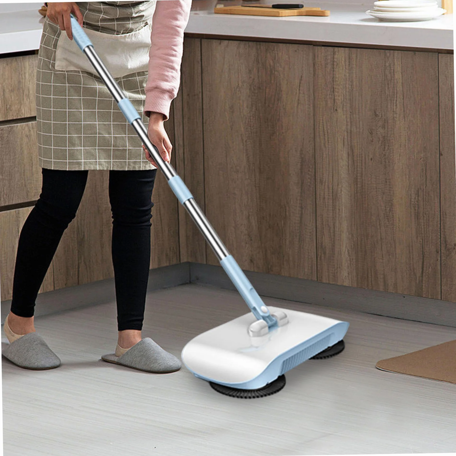 Barredora de vacío Manual, barredora de Piso no eléctrico de aspiración giratoria de 180 Grados, barredora Manual de 2 en 1 para alfombras y Pisos (Azul)