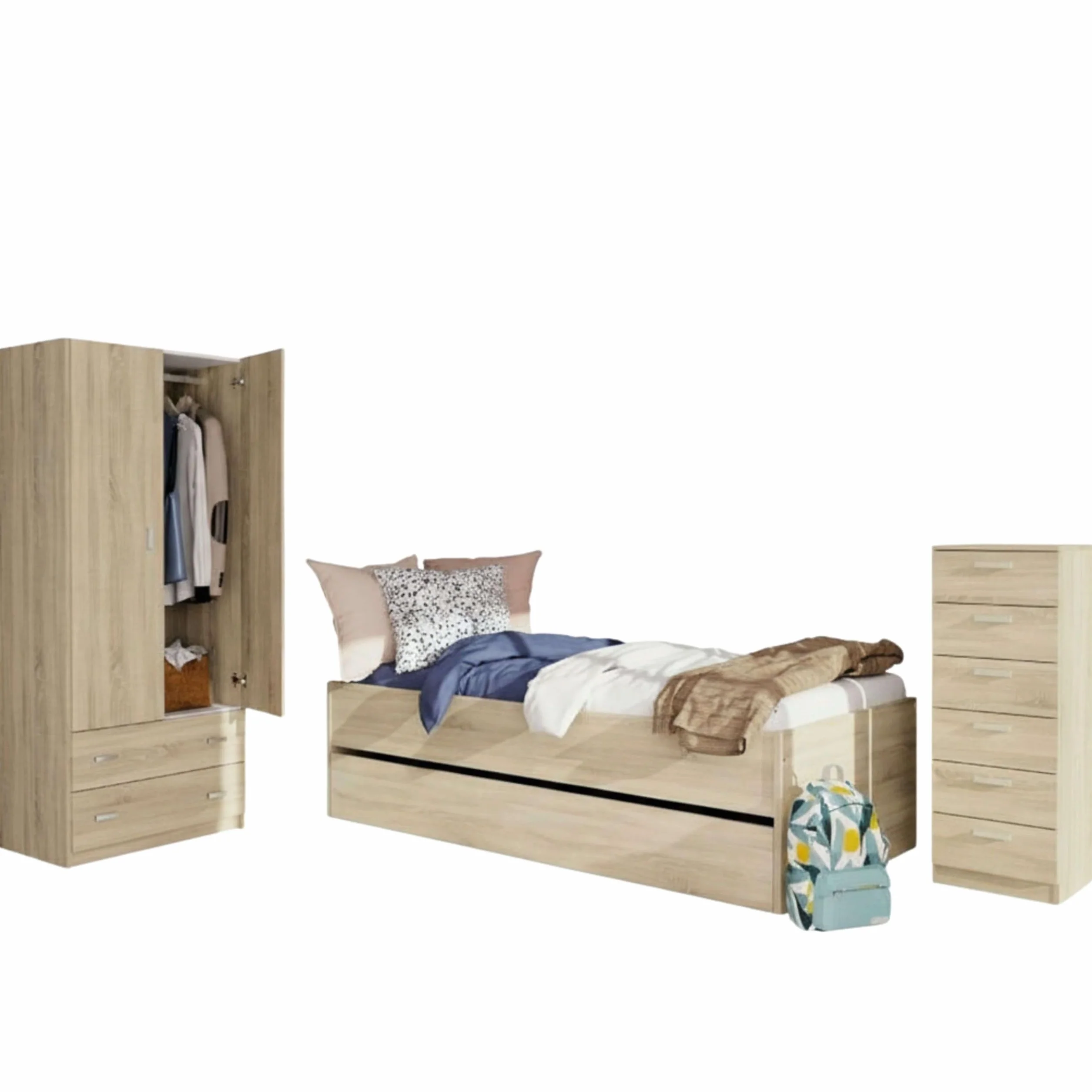 Pack Muebles Dormitorio Juvenil Tibet Estilo Natural en Color Roble Cambrian (Cama + Armario + Cómoda)