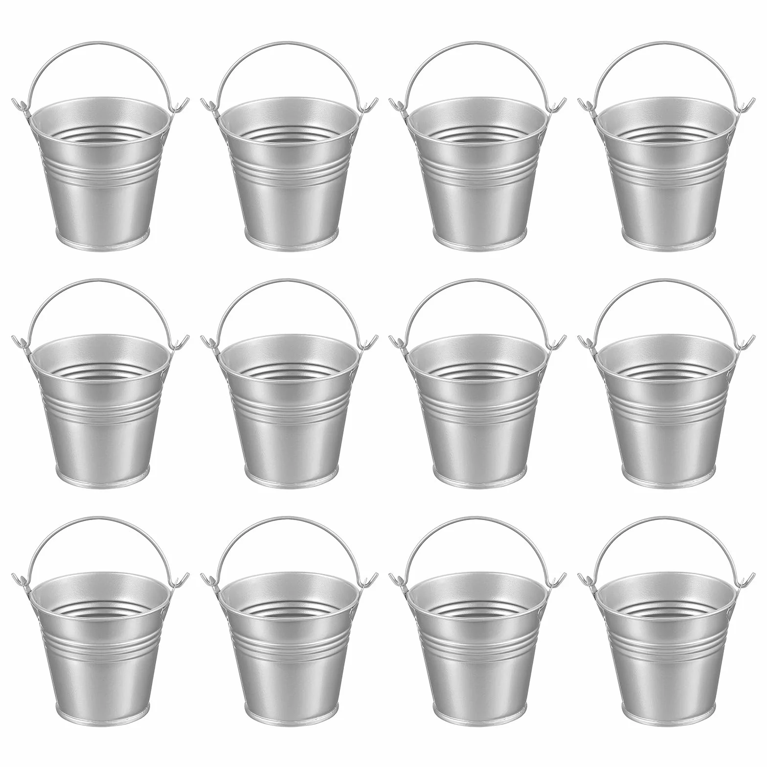 PATIKIL 7x5x6cm Pequeños Cubos de Metal con Asa, 12 Pcs Mini Cubo Galvanizado Colorido para Pascua para Manualidades Fiestas Decoración, Plata
